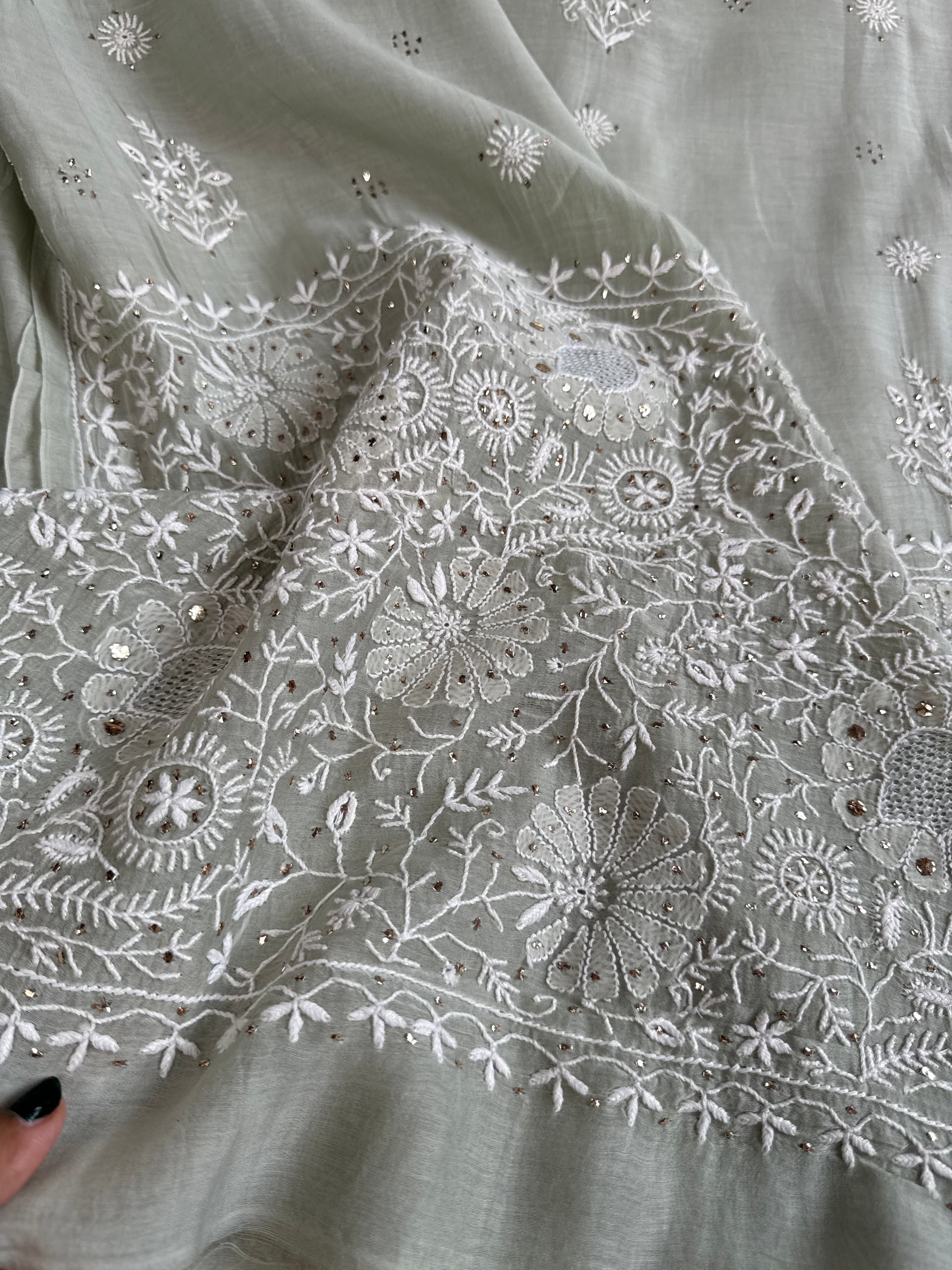 Pure Mul Chanderi Chikankari saree in Grey Green with Mukaish work