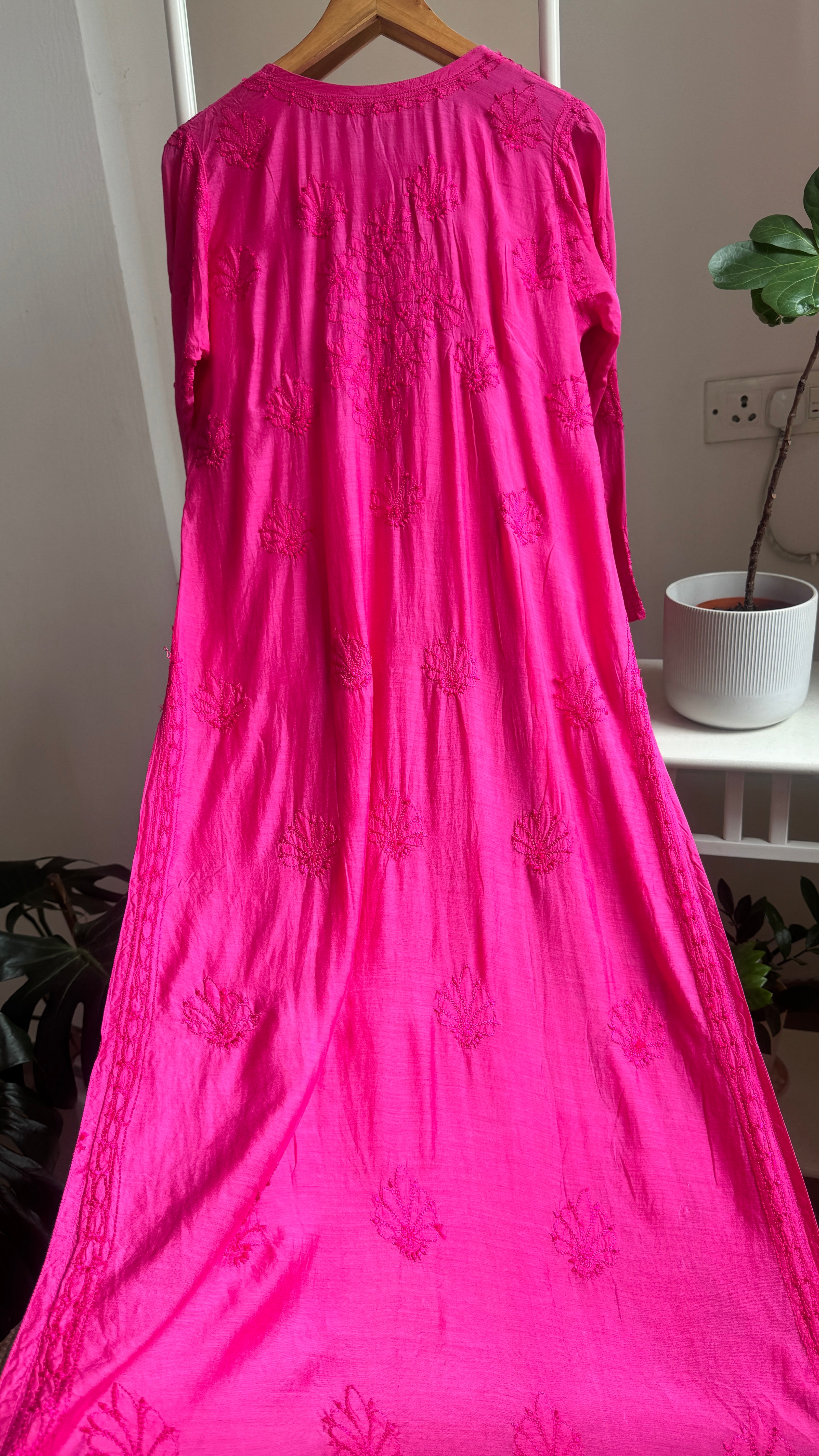 Muslin Chikankari Kurti - Hot Pink - BERRY Collection