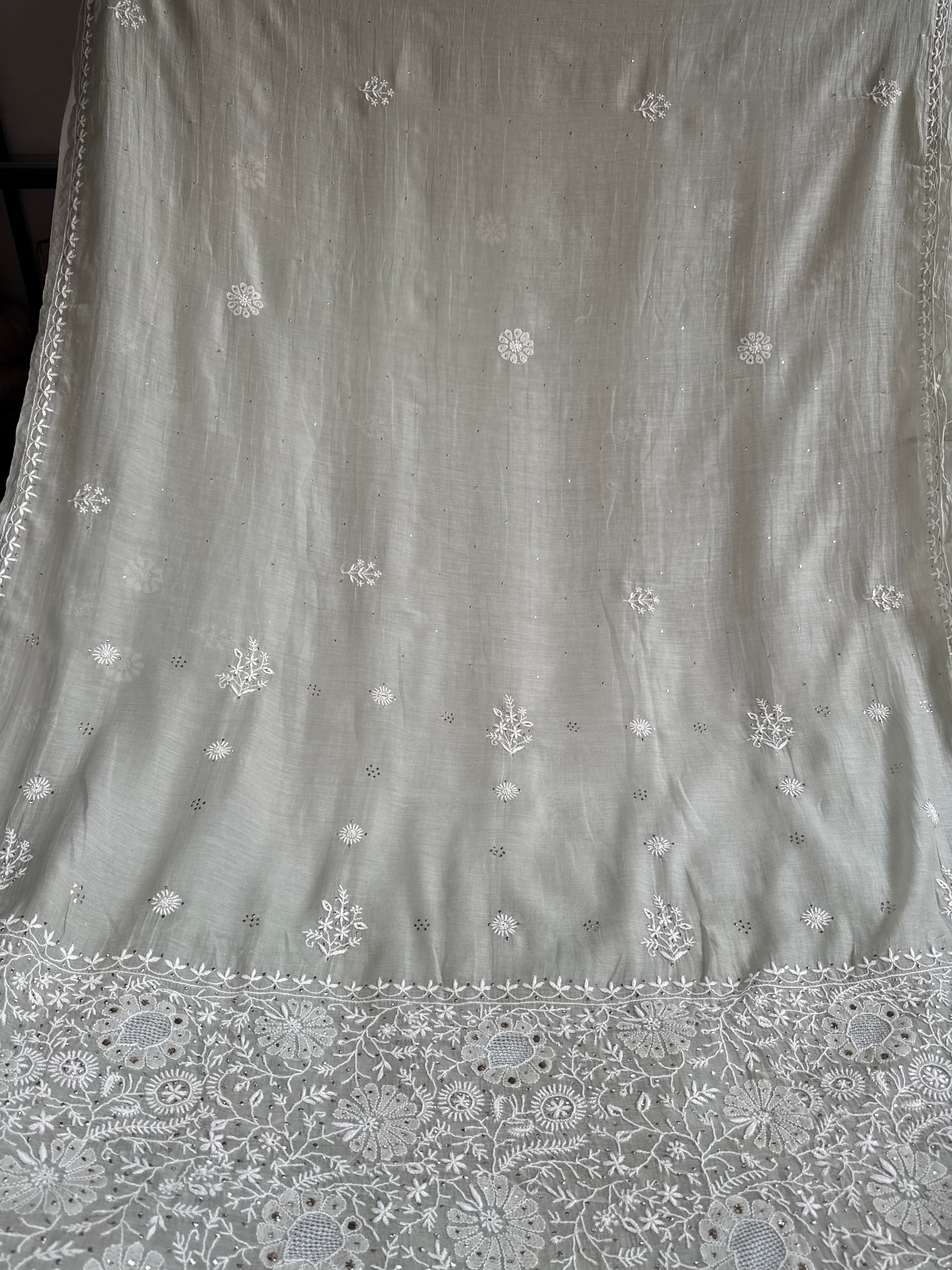 Pure Mul Chanderi Chikankari saree in Grey Green with Mukaish work