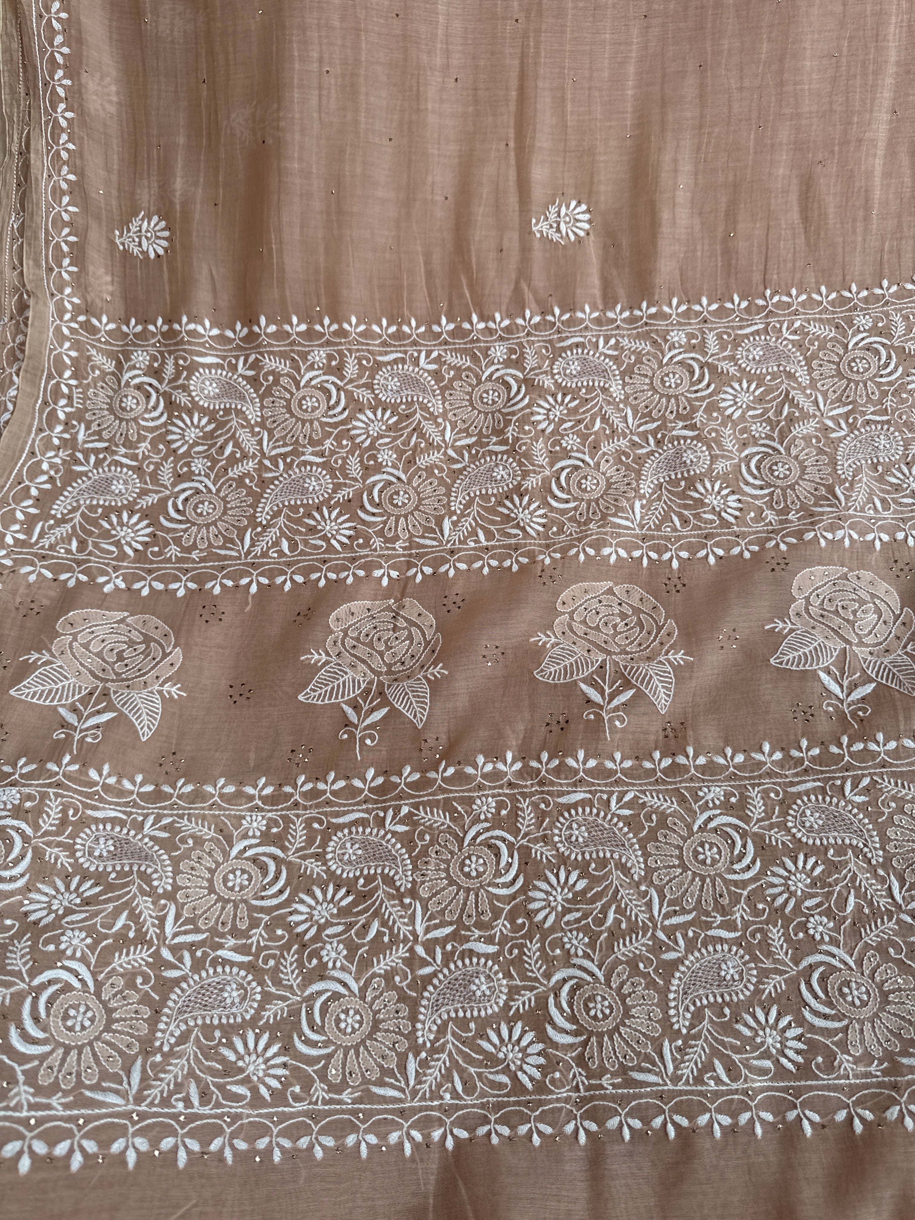 Pure Mul Chanderi Chikankari saree in Brown Beige with Mukaish work