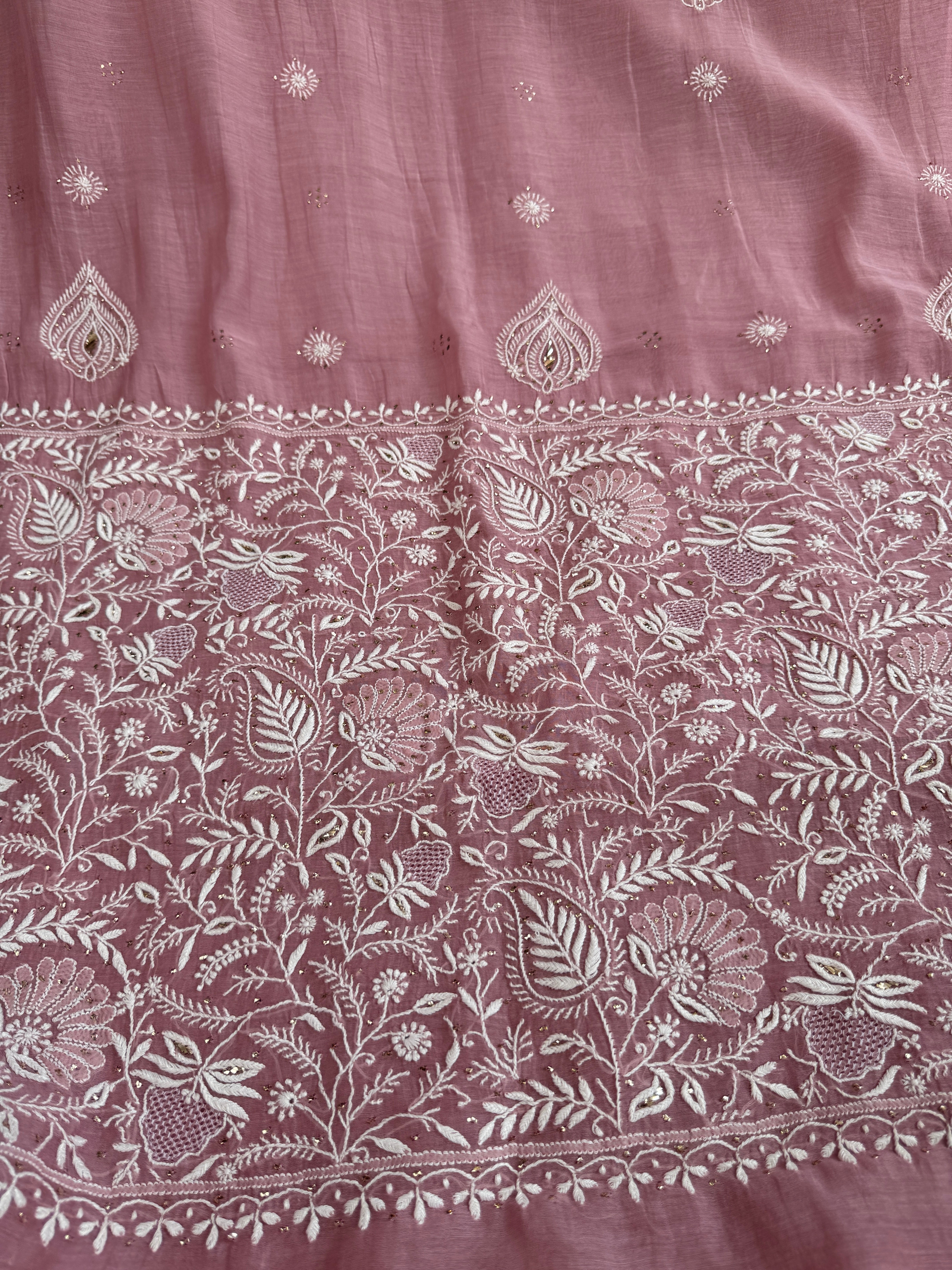 Pure Mul Chanderi Chikankari saree in Mauve with Mukaish work