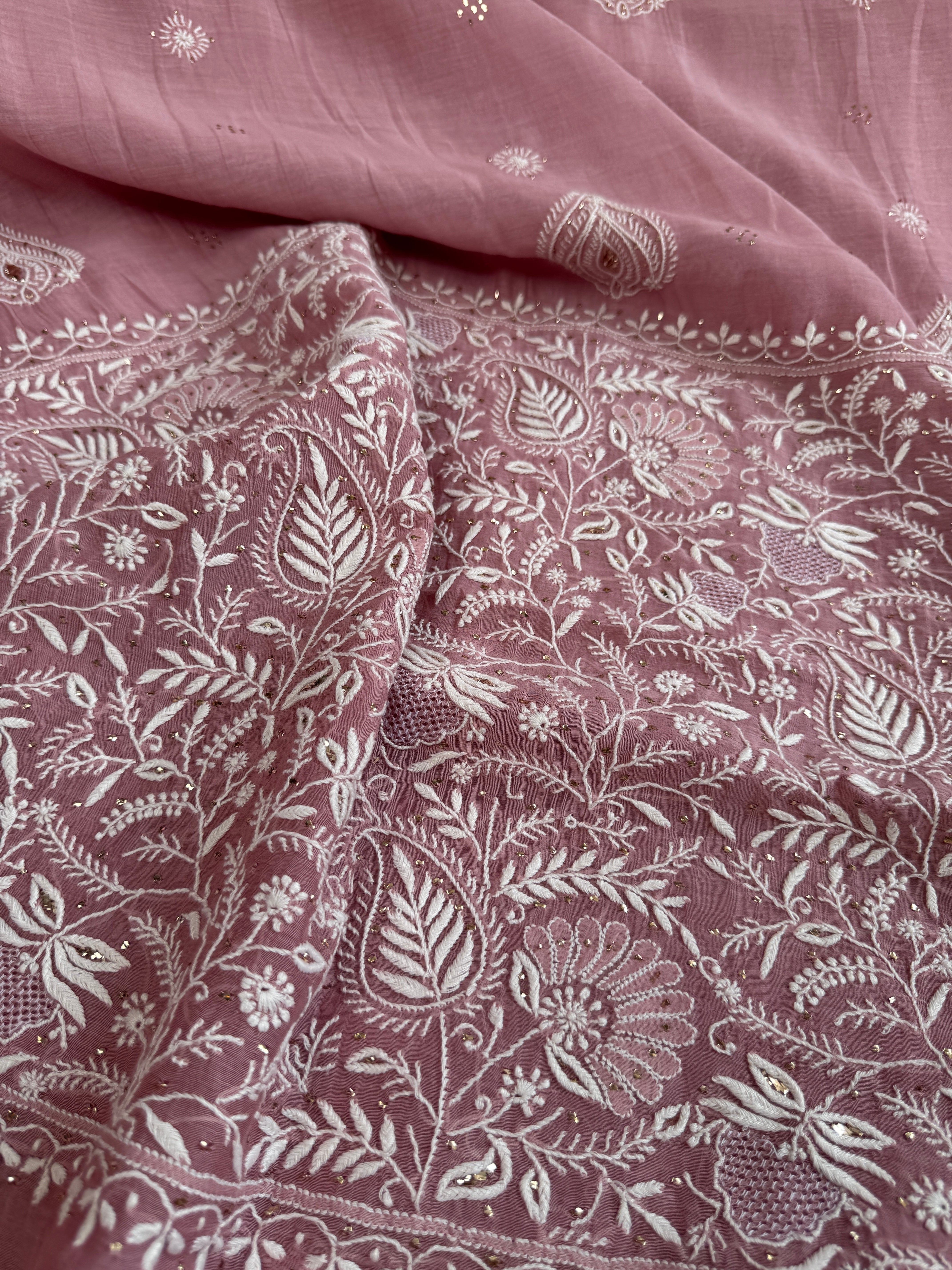 Pure Mul Chanderi Chikankari saree in Mauve with Mukaish work