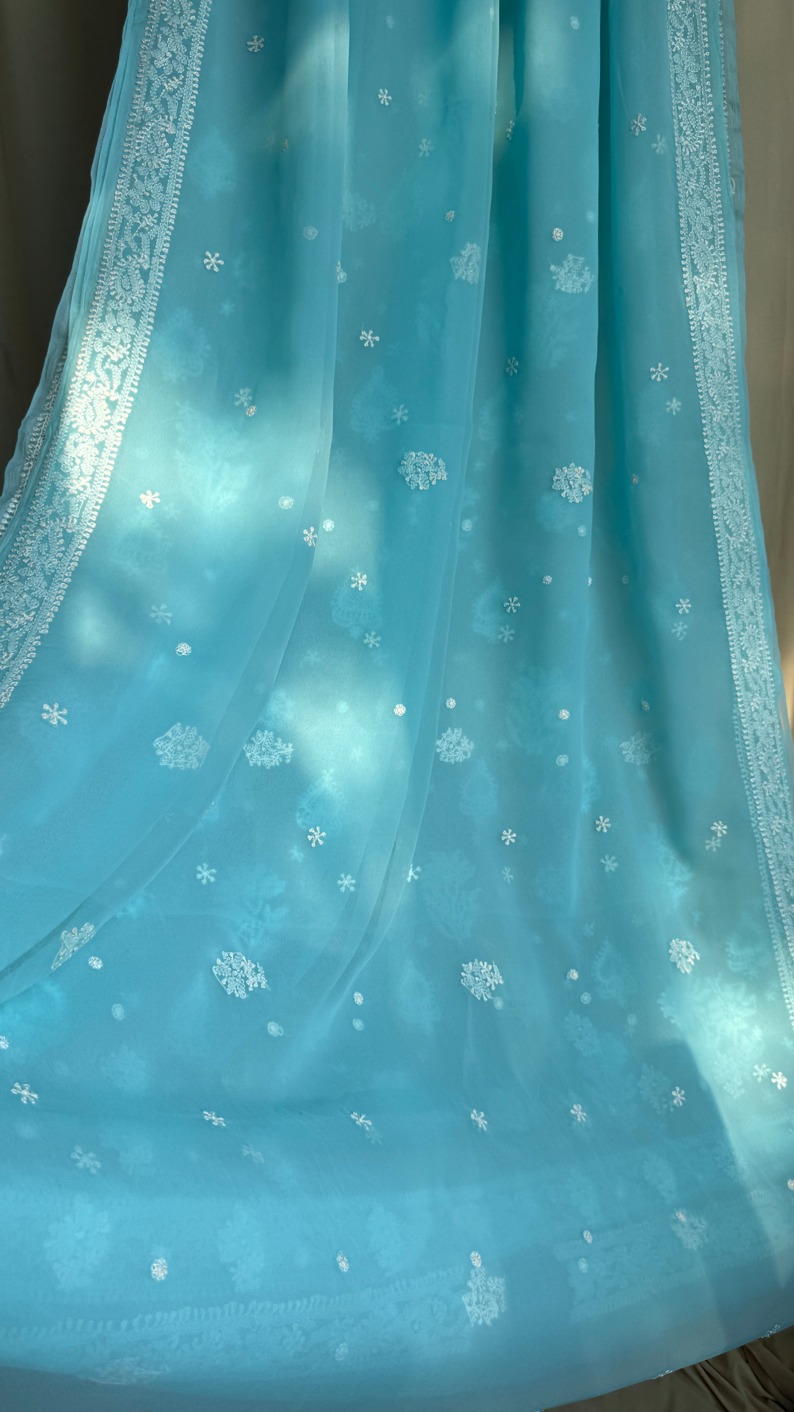 Georgette Chikankari saree in Firozi