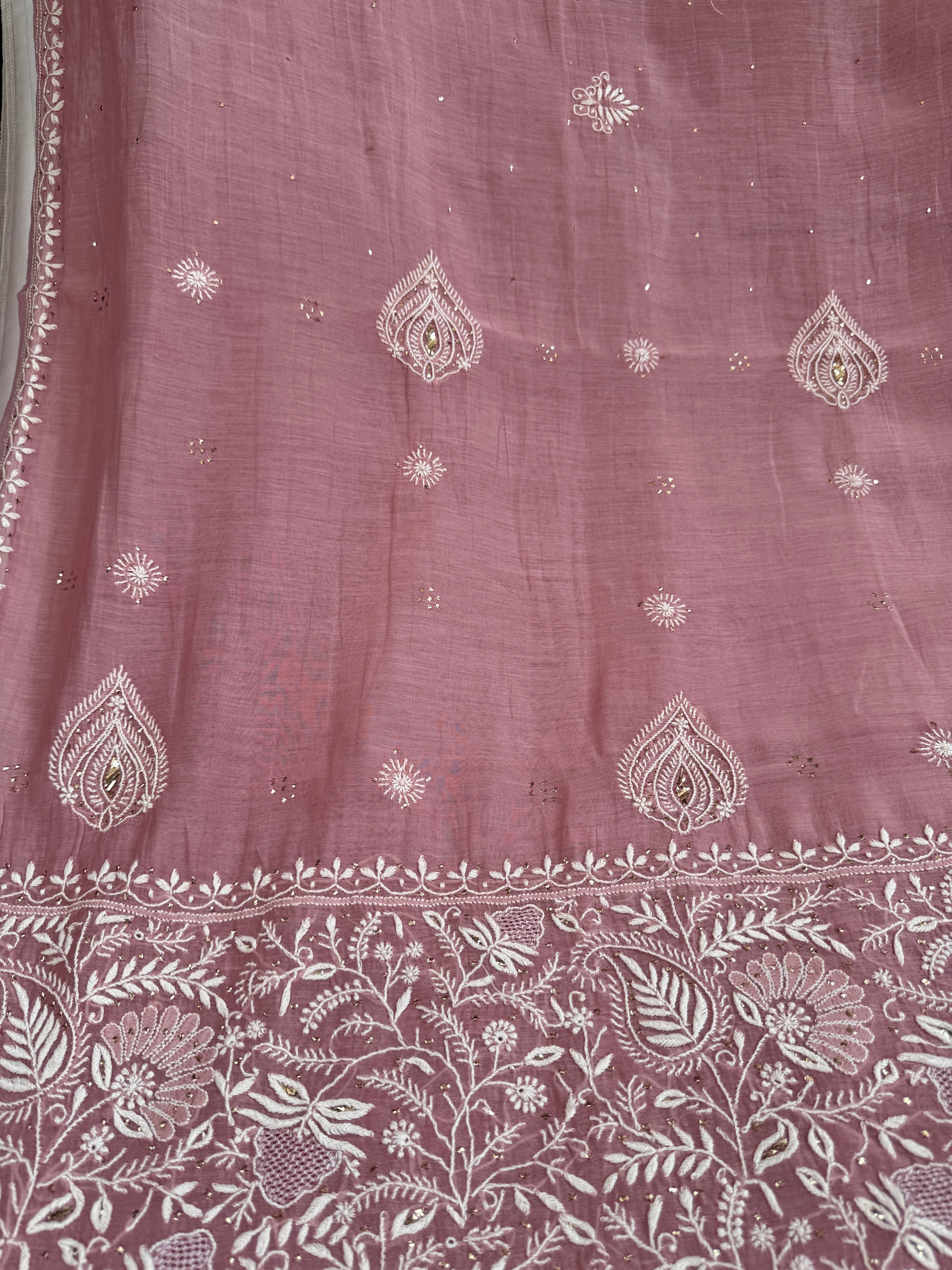 Pure Mul Chanderi Chikankari saree in Mauve with Mukaish work