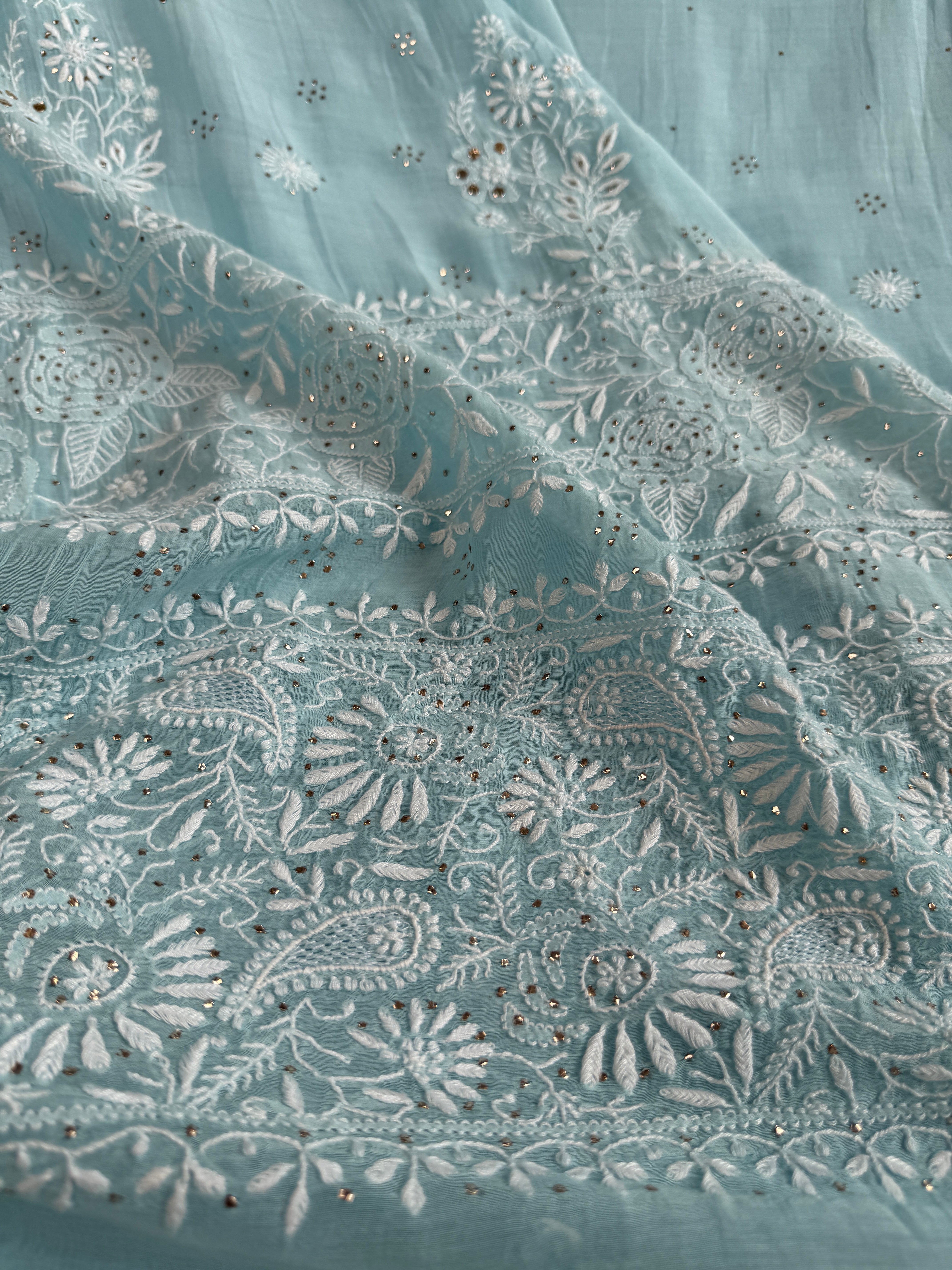 Pure Mul Chanderi Chikankari saree in Blue with Mukaish work