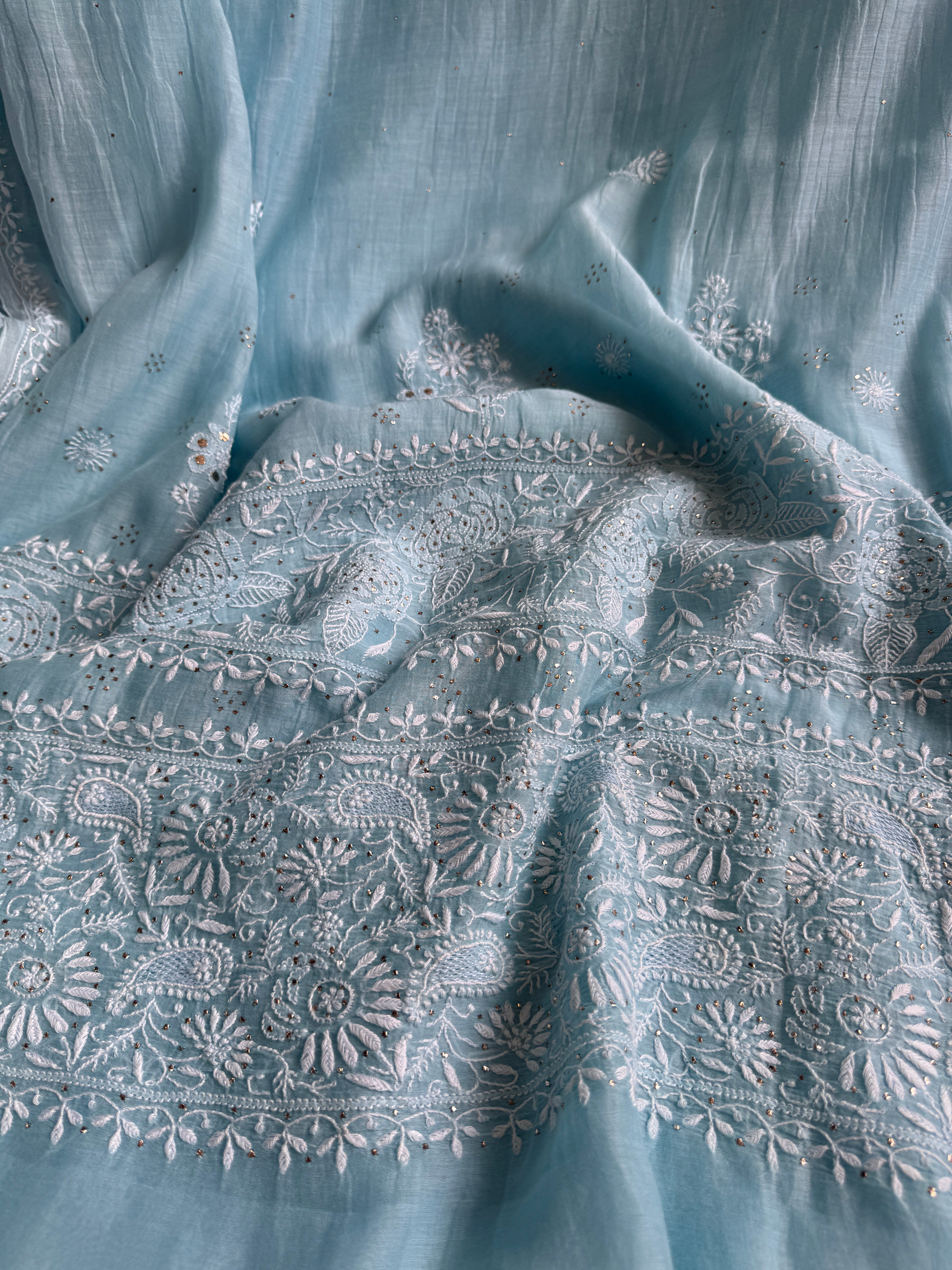 Pure Mul Chanderi Chikankari saree in Blue with Mukaish work