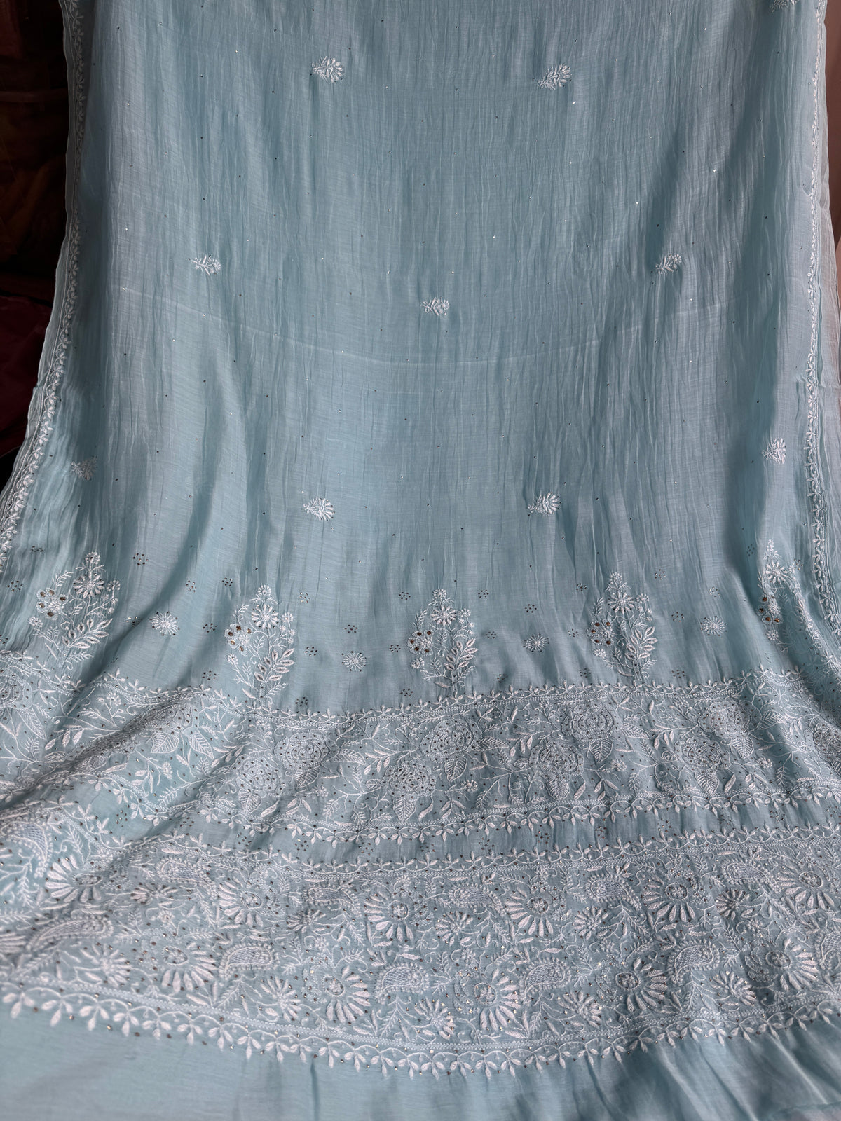 Pure Mul Chanderi Chikankari saree in Blue with Mukaish work