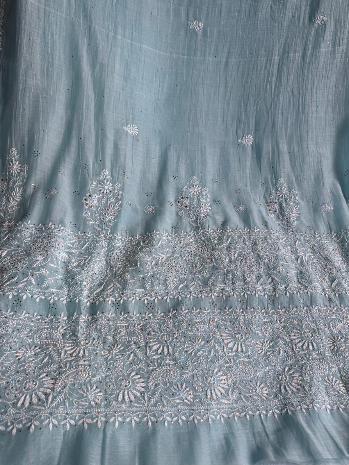 Pure Mul Chanderi Chikankari saree in Blue with Mukaish work