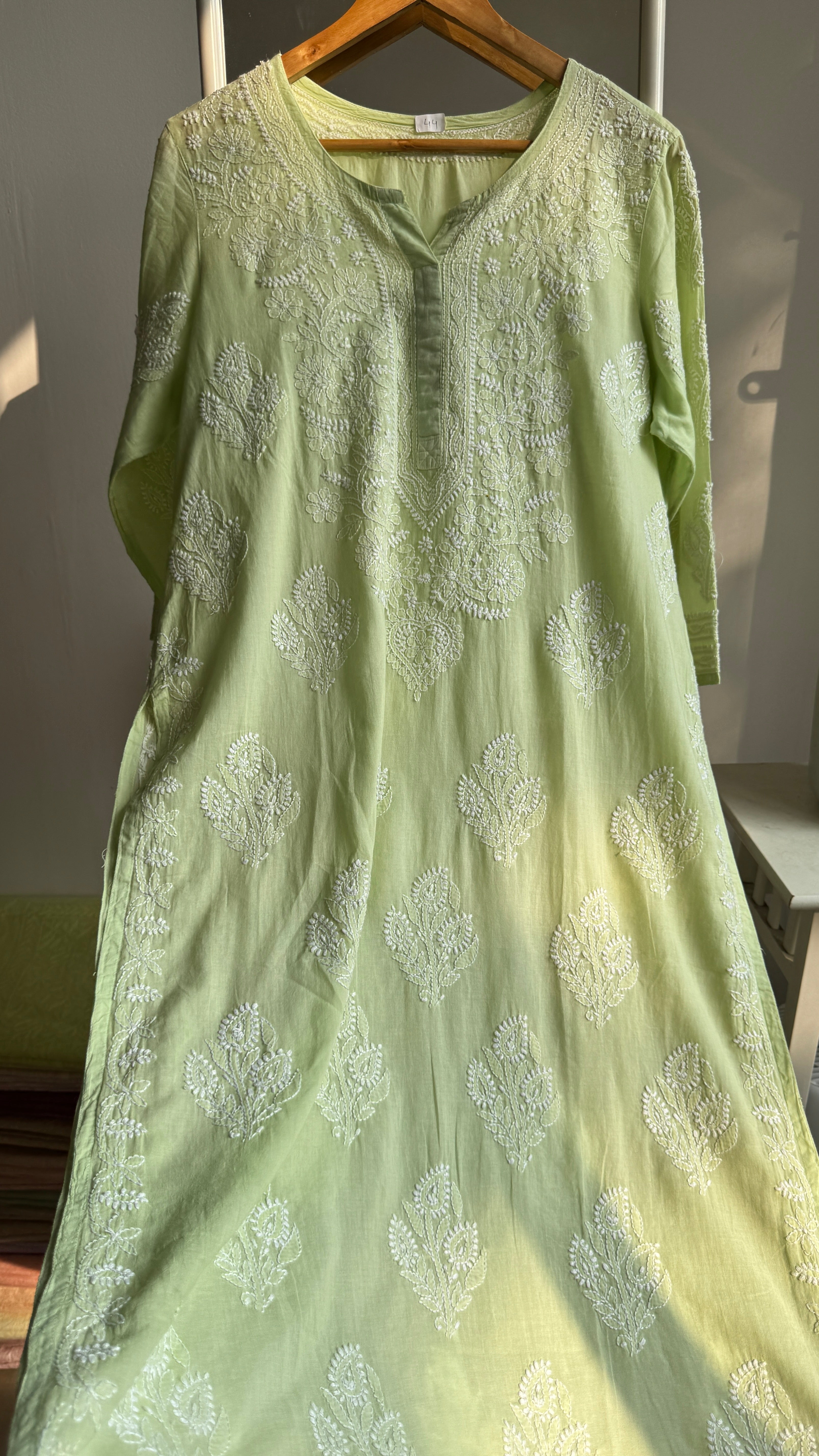 Mul Cotton Apple Green Chikankari Kurti - Saaz Collection