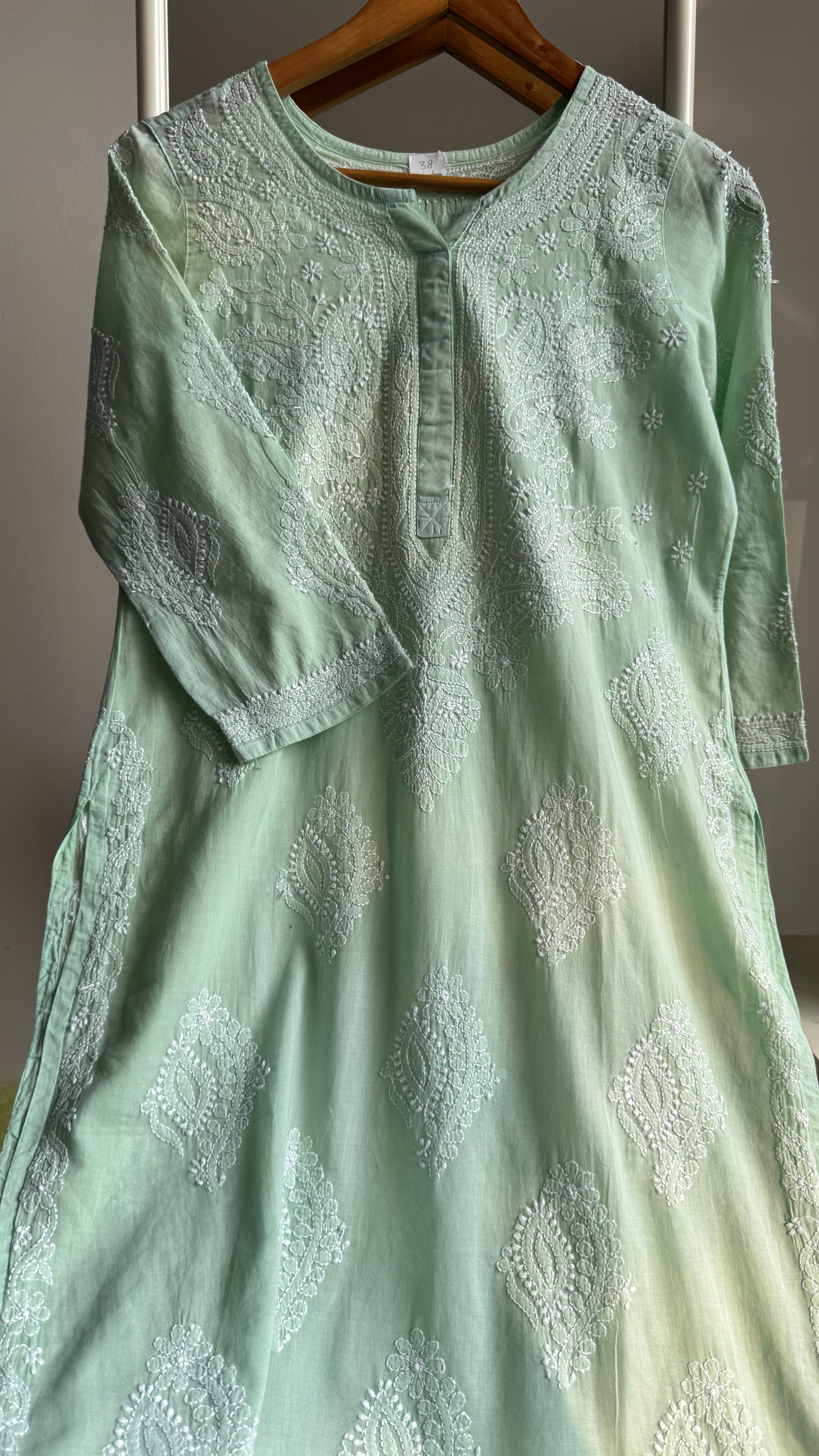Mul Cotton Green Chikankari Kurti - Saaz Collection