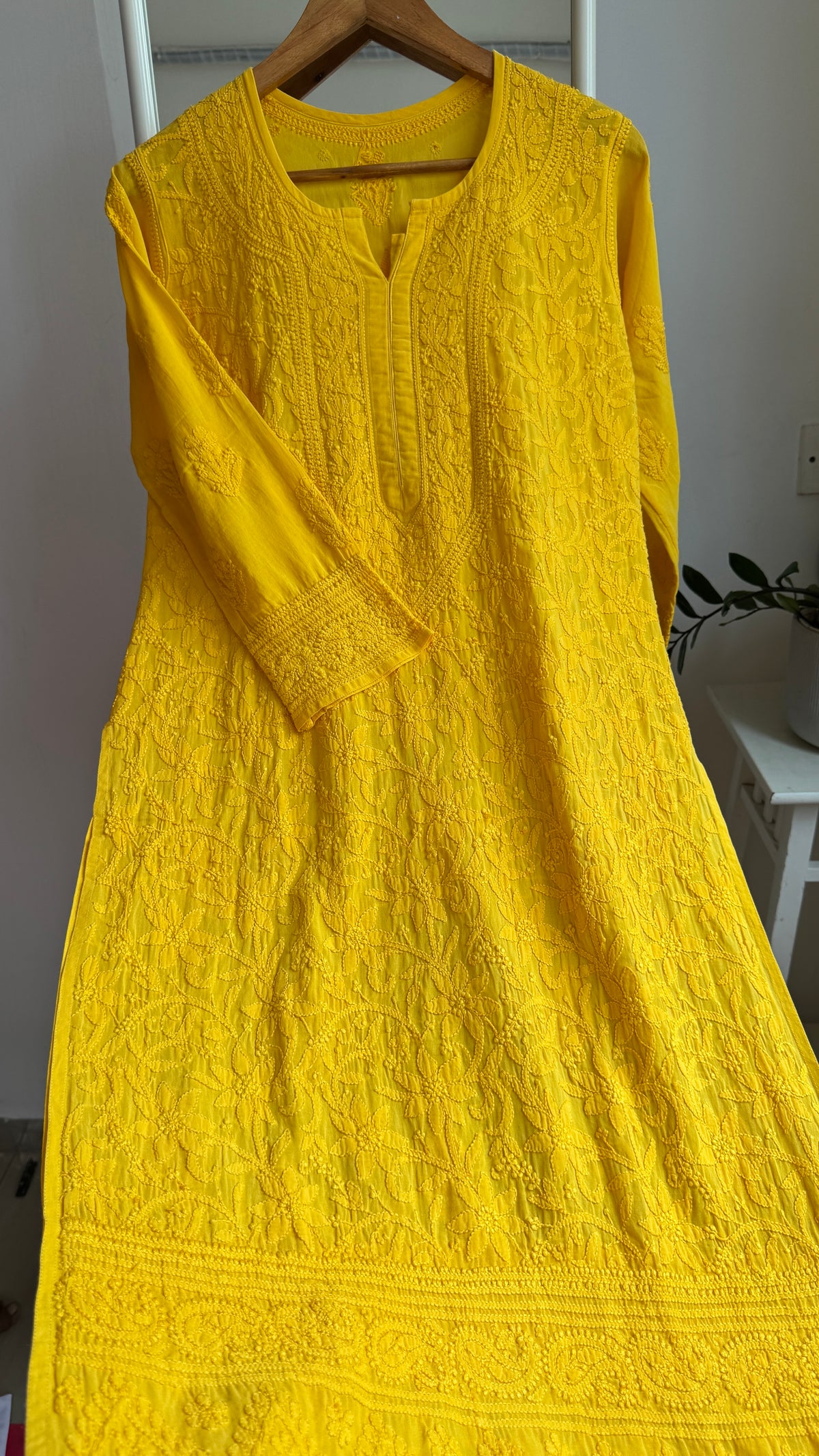 Pure Cotton Chikankari Full Jaal Kurti - yellow