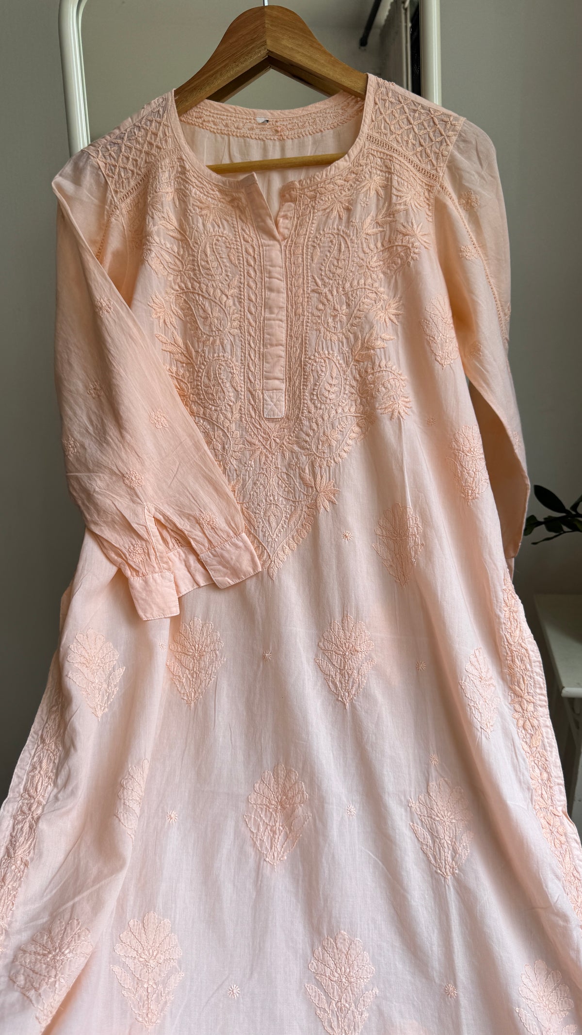 Mul Cotton Peach Chikankari Kurti - Peach