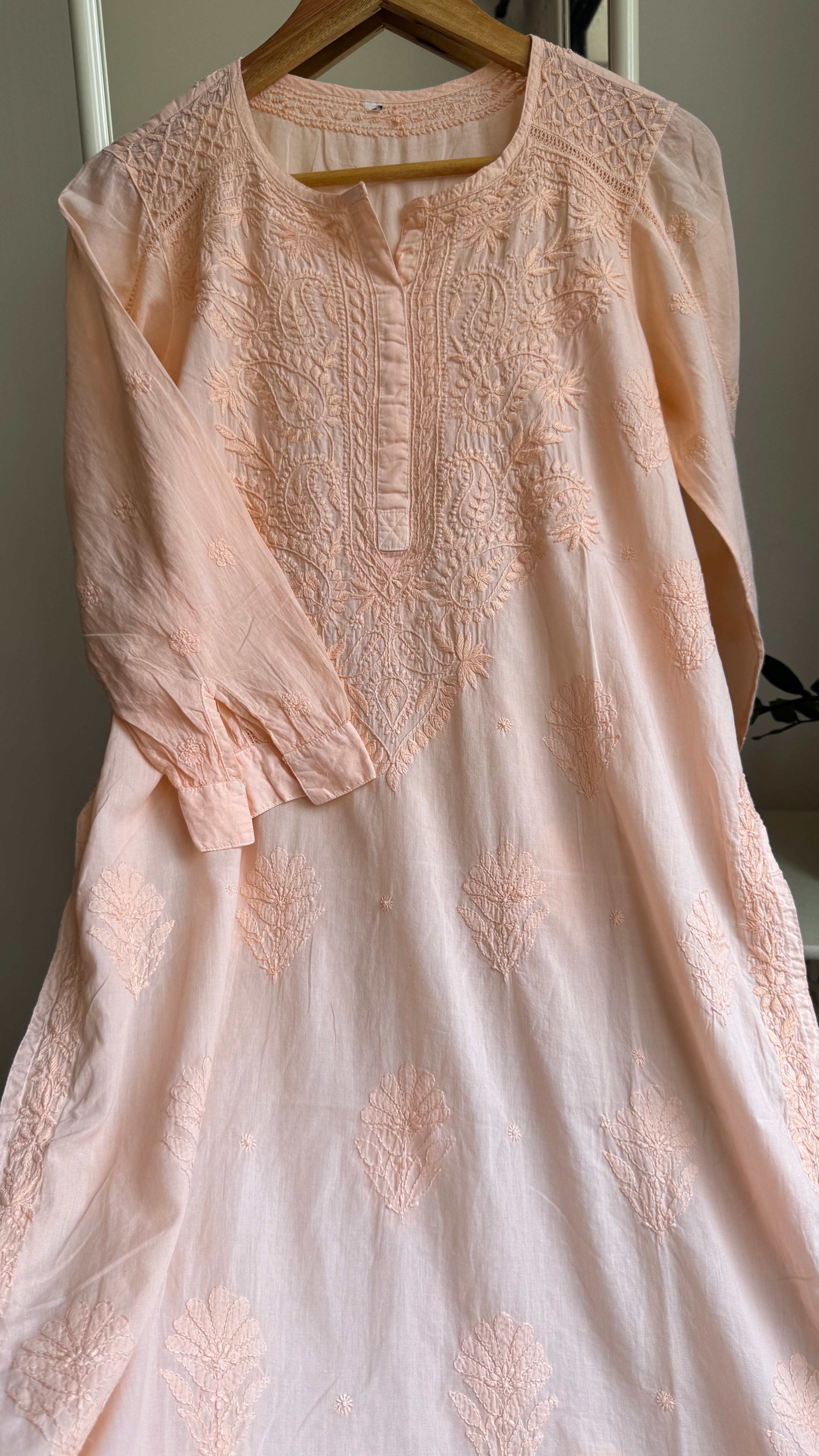 Mul Cotton Peach Chikankari Kurti - Peach