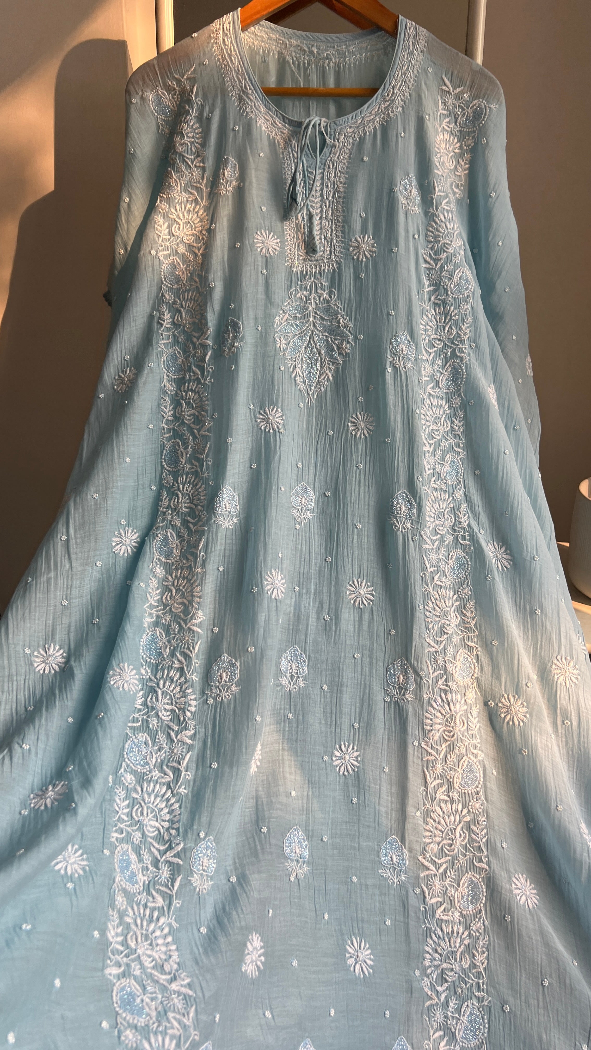 Mul Chanderi Chikankari Kaftan - Blue