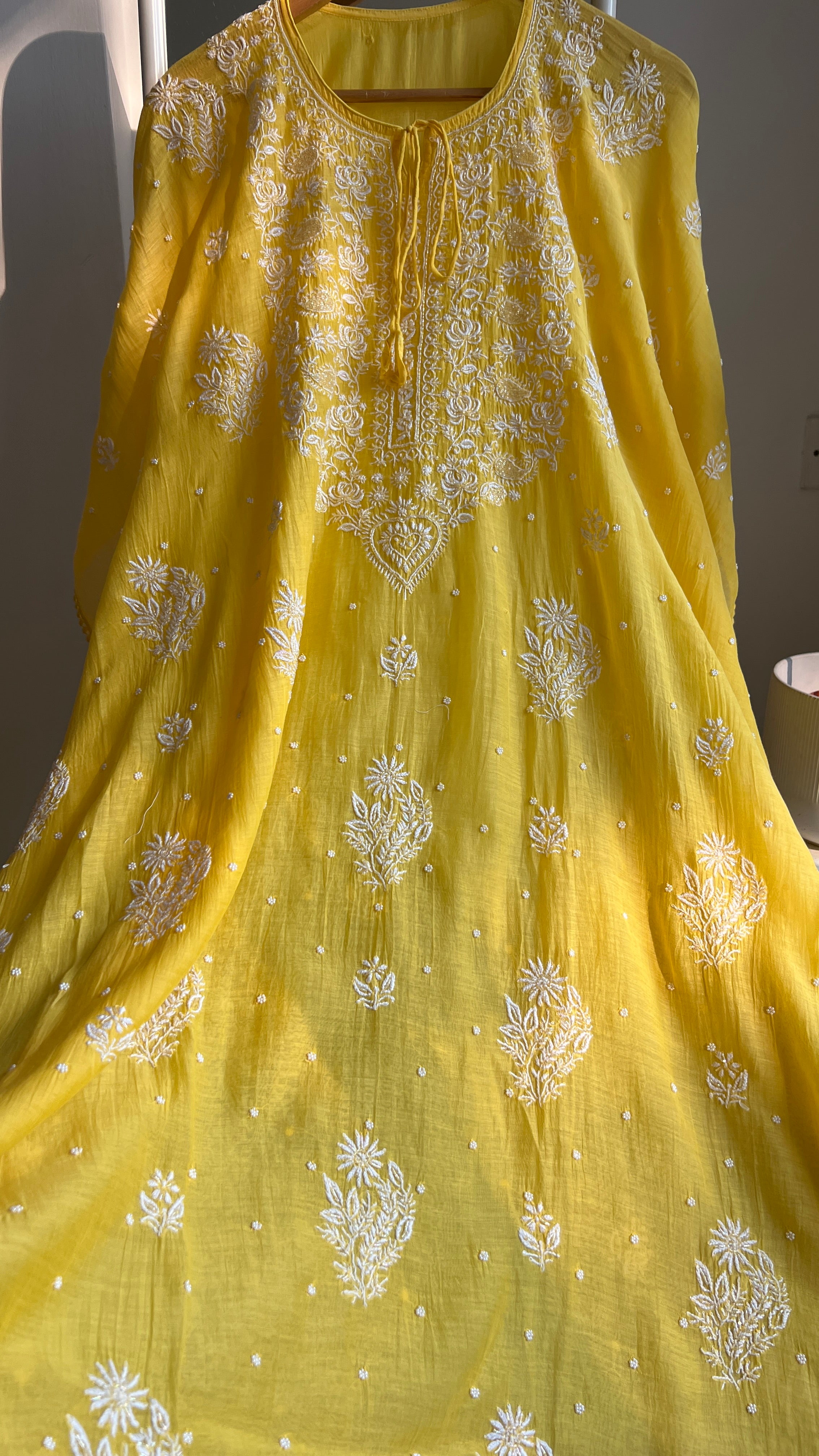 Mul Chanderi Chikankari Kaftan - Yellow