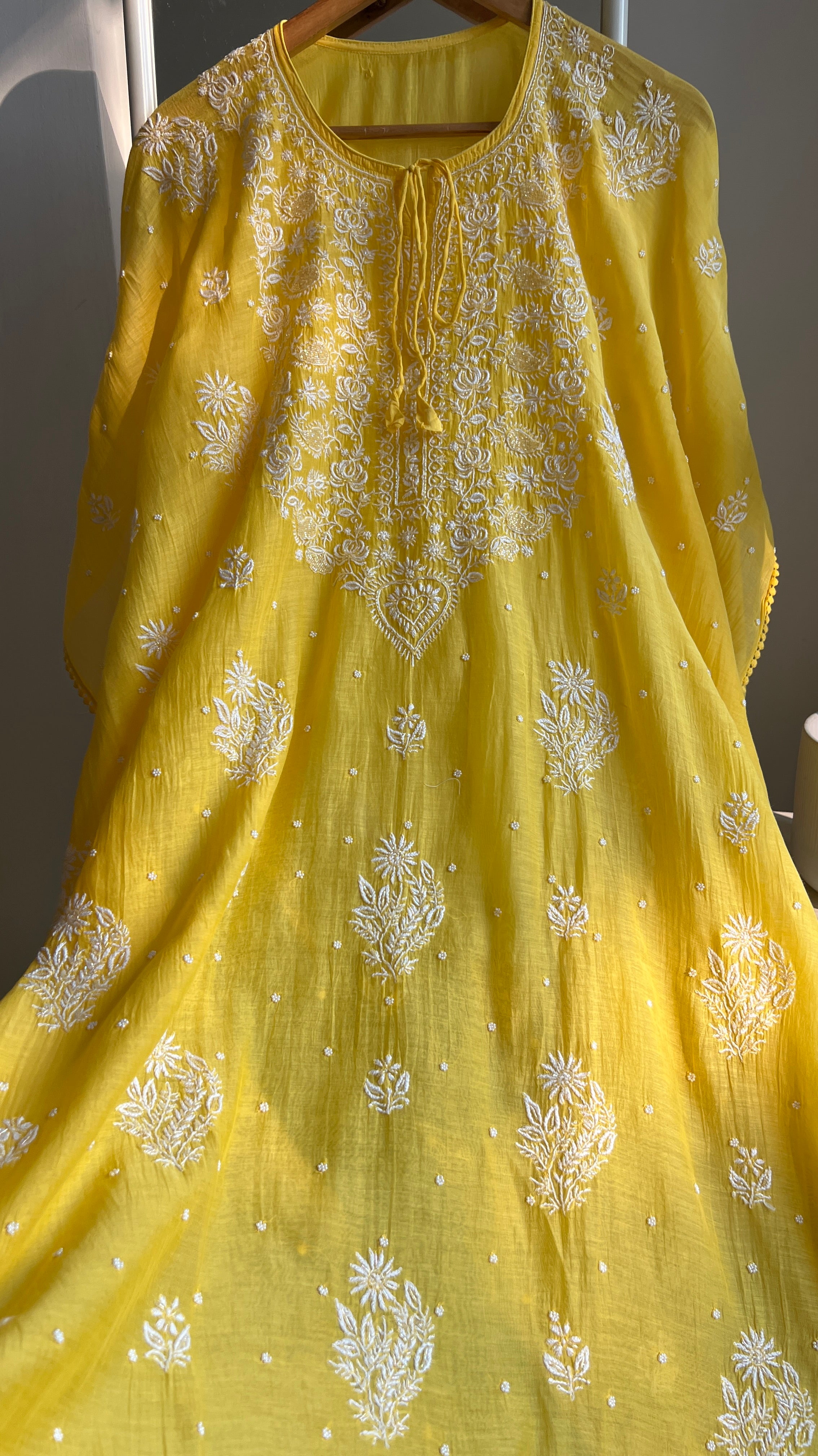 Mul Chanderi Chikankari Kaftan - Yellow