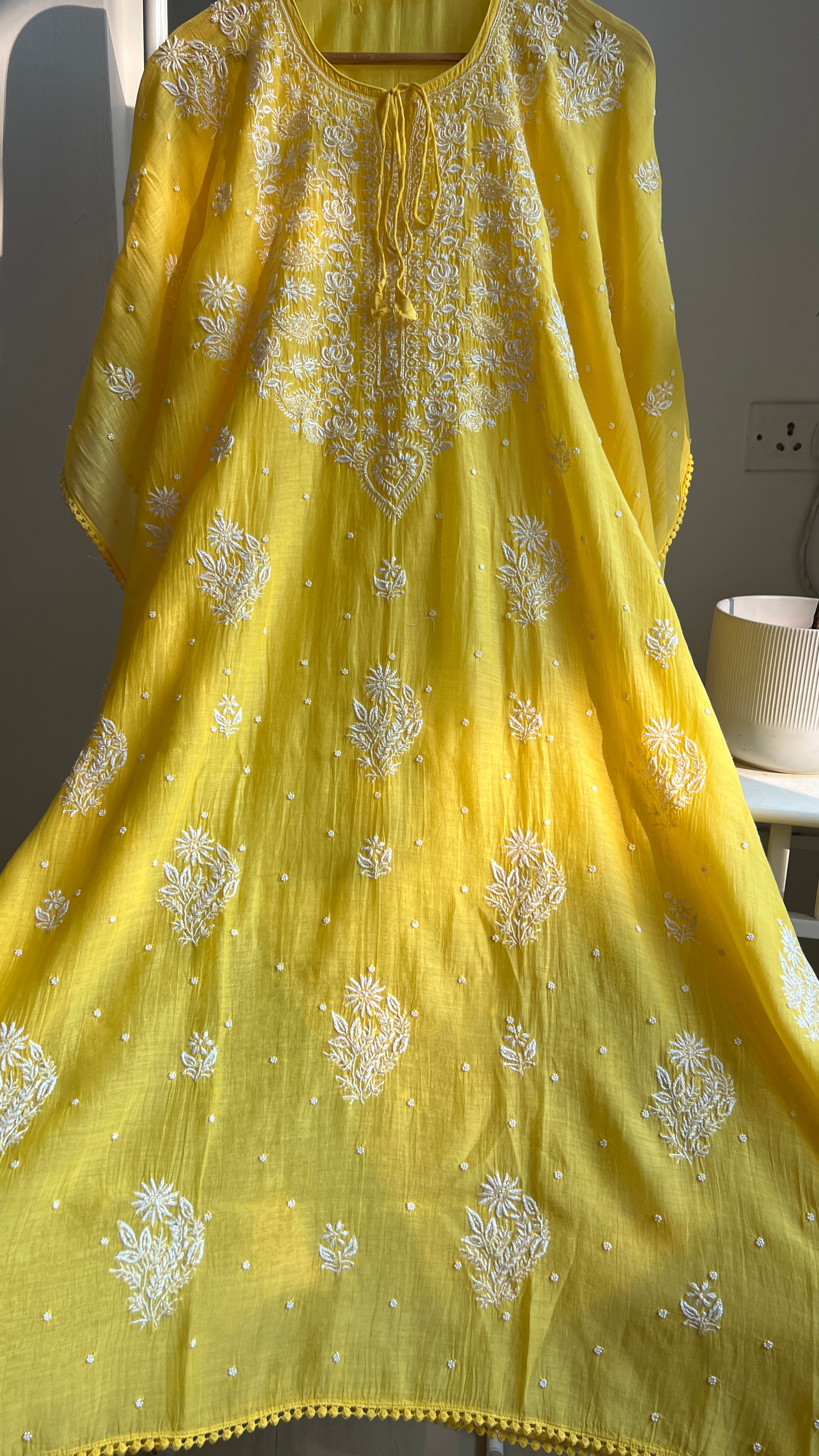 Mul Chanderi Chikankari Kaftan - Yellow