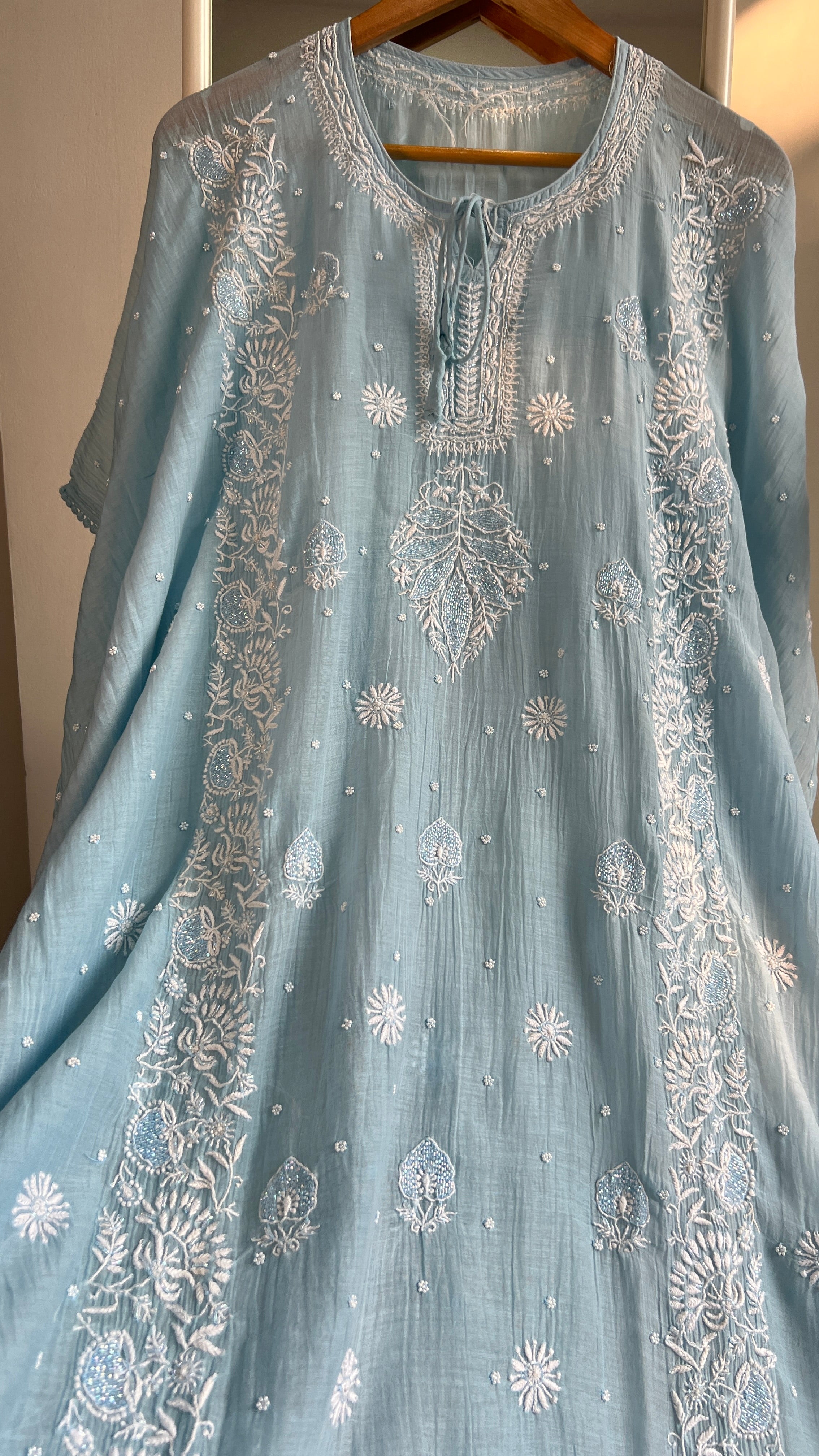 Mul Chanderi Chikankari Kaftan - Blue