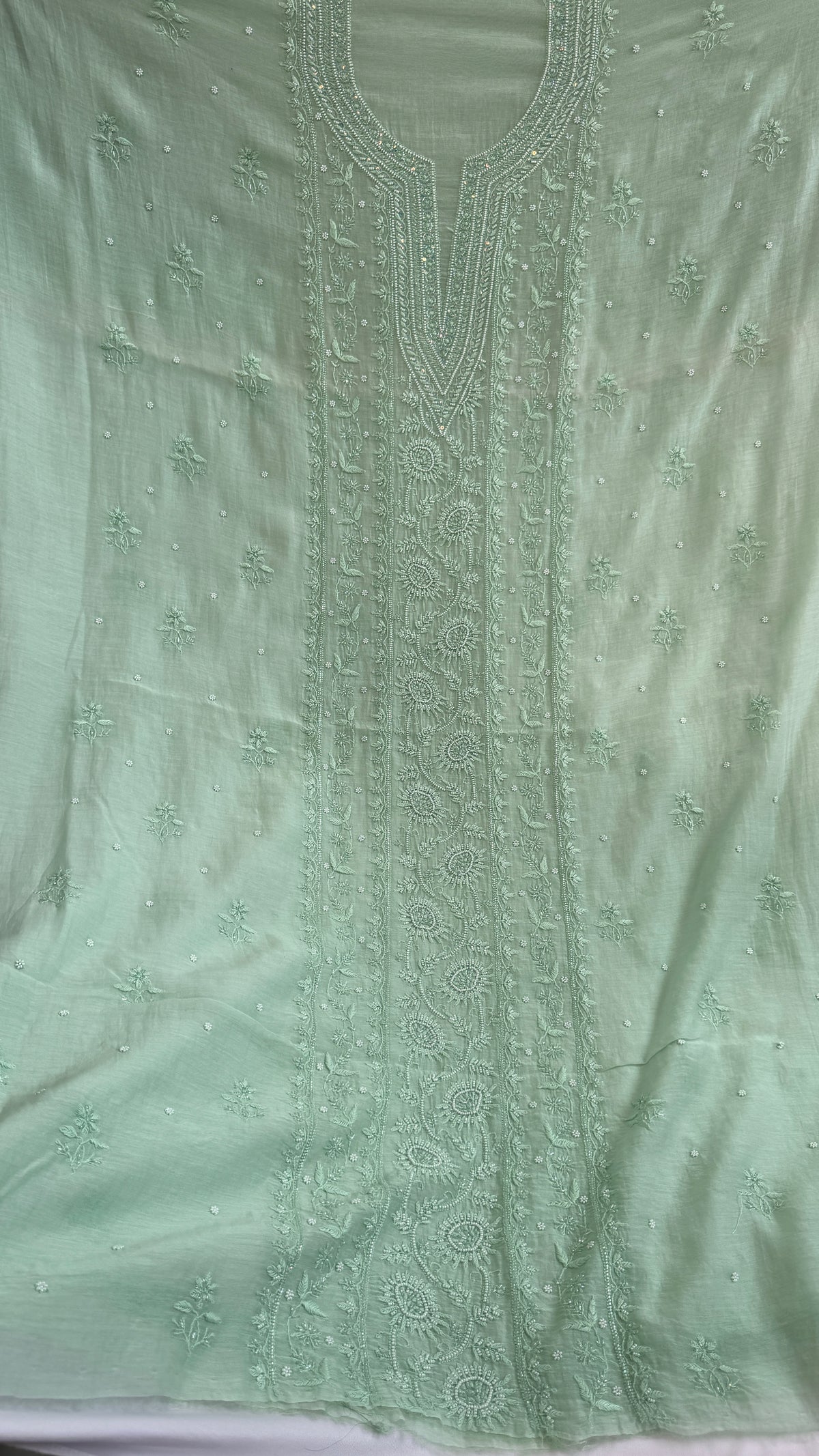 Mul Chanderi Chikankari Anarkali - Green