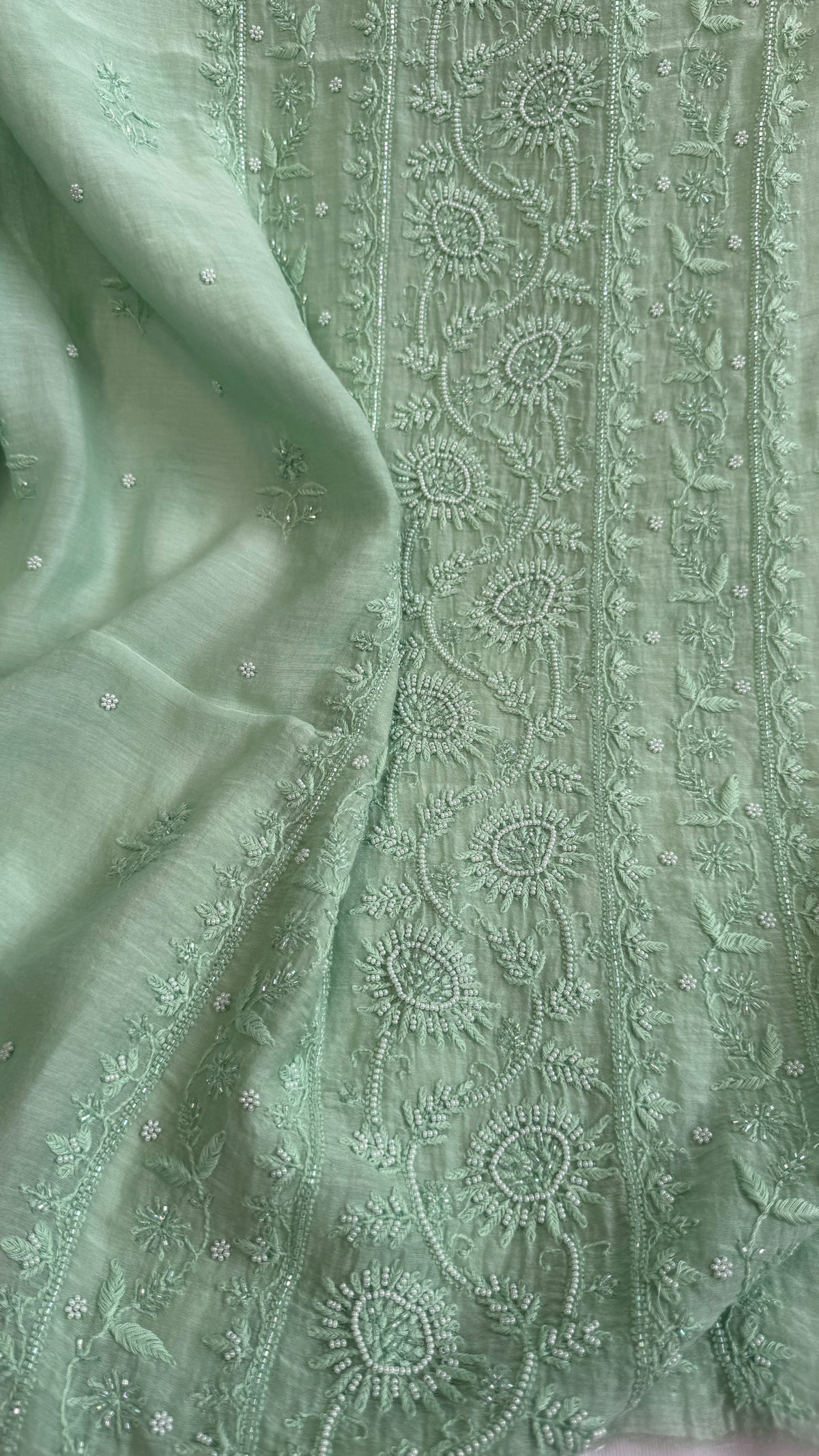 Mul Chanderi Chikankari Anarkali - Green