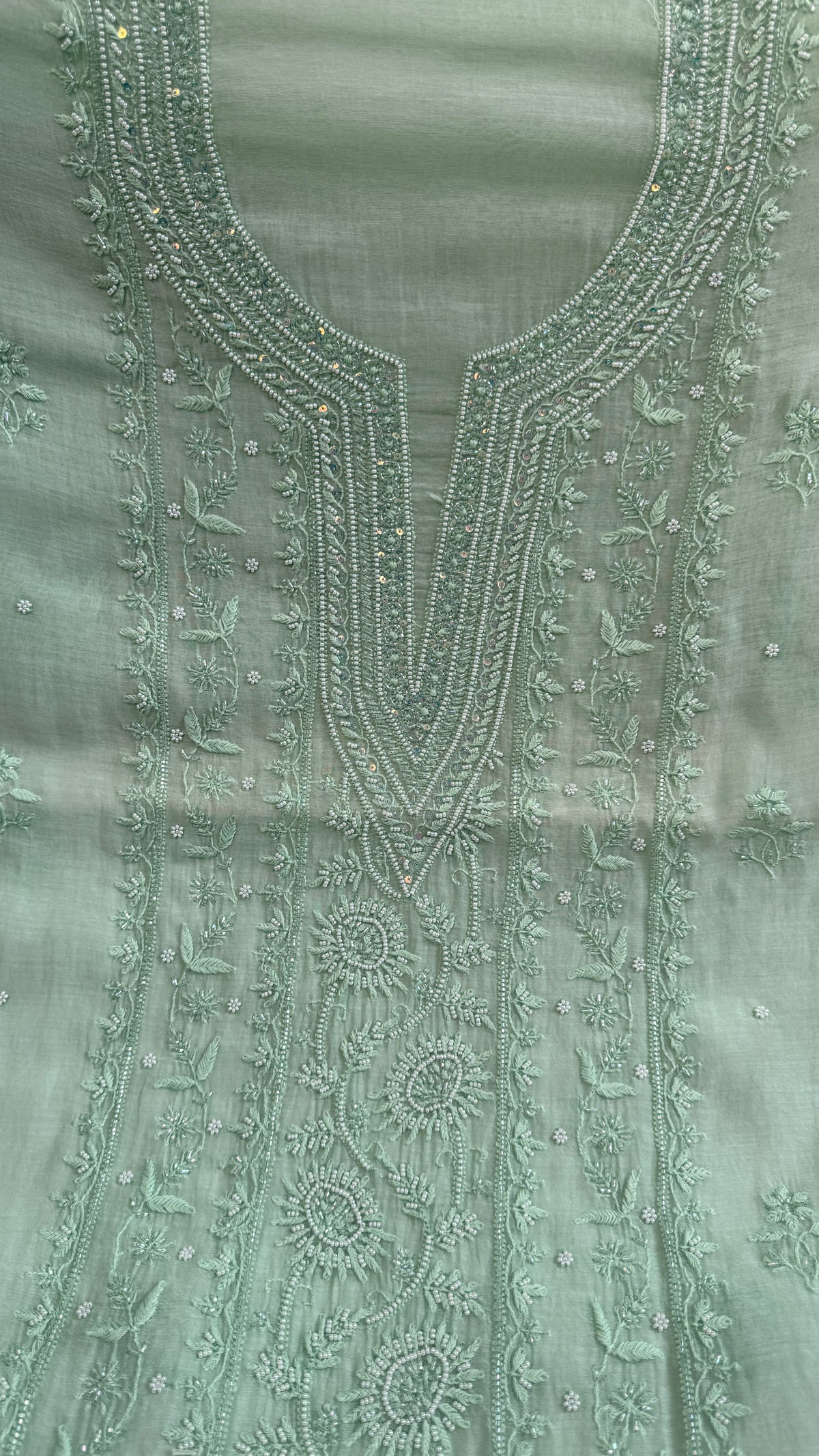 Mul Chanderi Chikankari Anarkali - Green