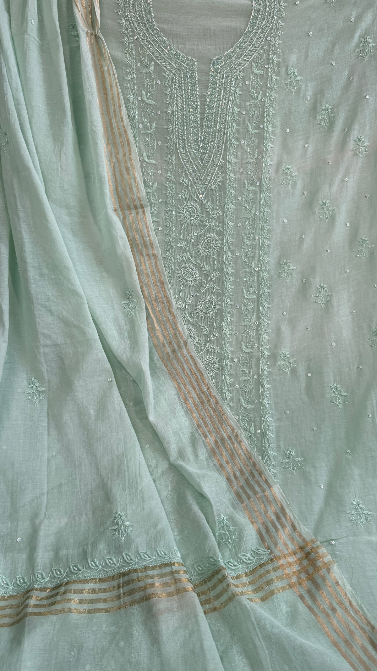 Mul Chanderi Chikankari Anarkali - Green