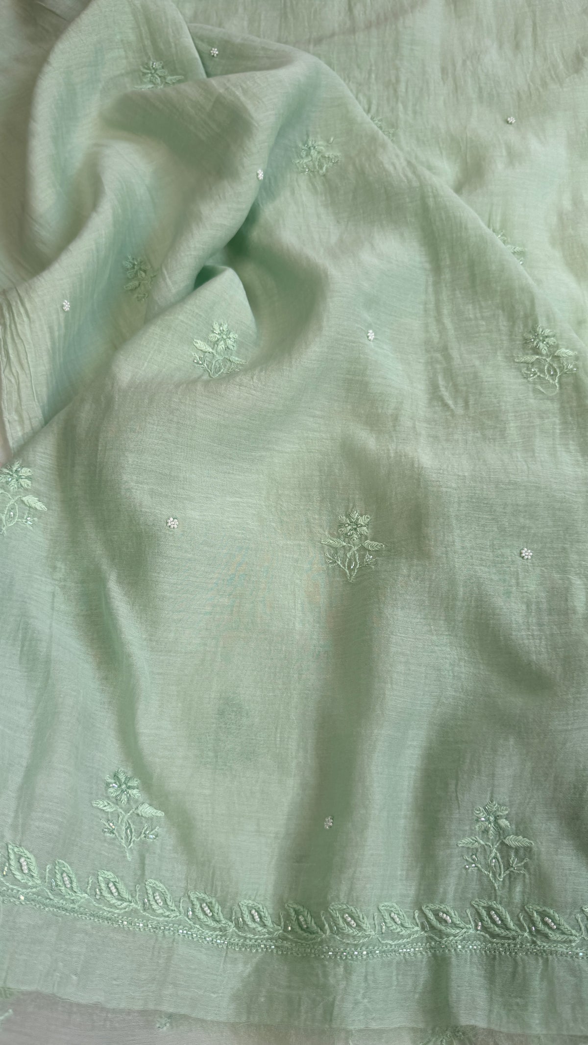 Mul Chanderi Chikankari Anarkali - Green