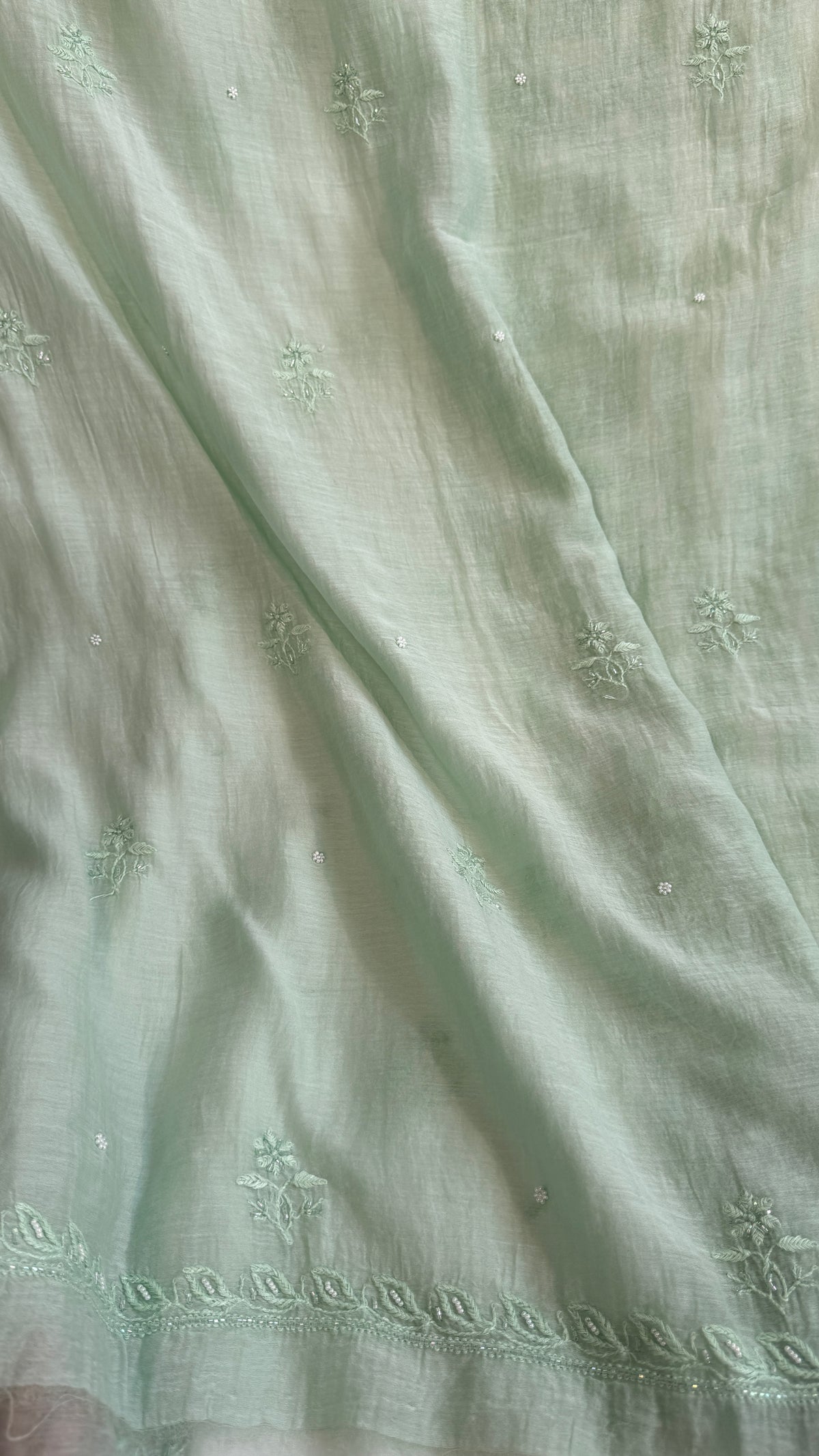 Mul Chanderi Chikankari Anarkali - Green