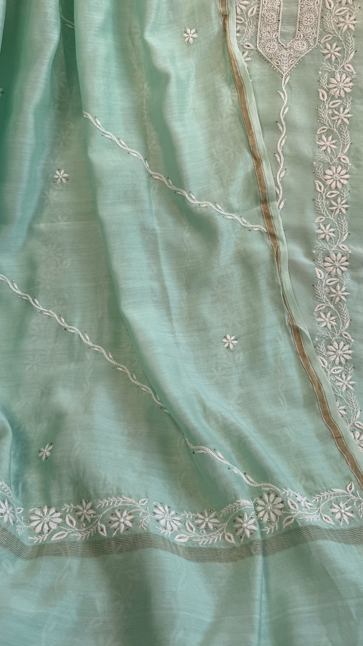 Chanderi Chikankari Length Mukaish with Dupatta - Green