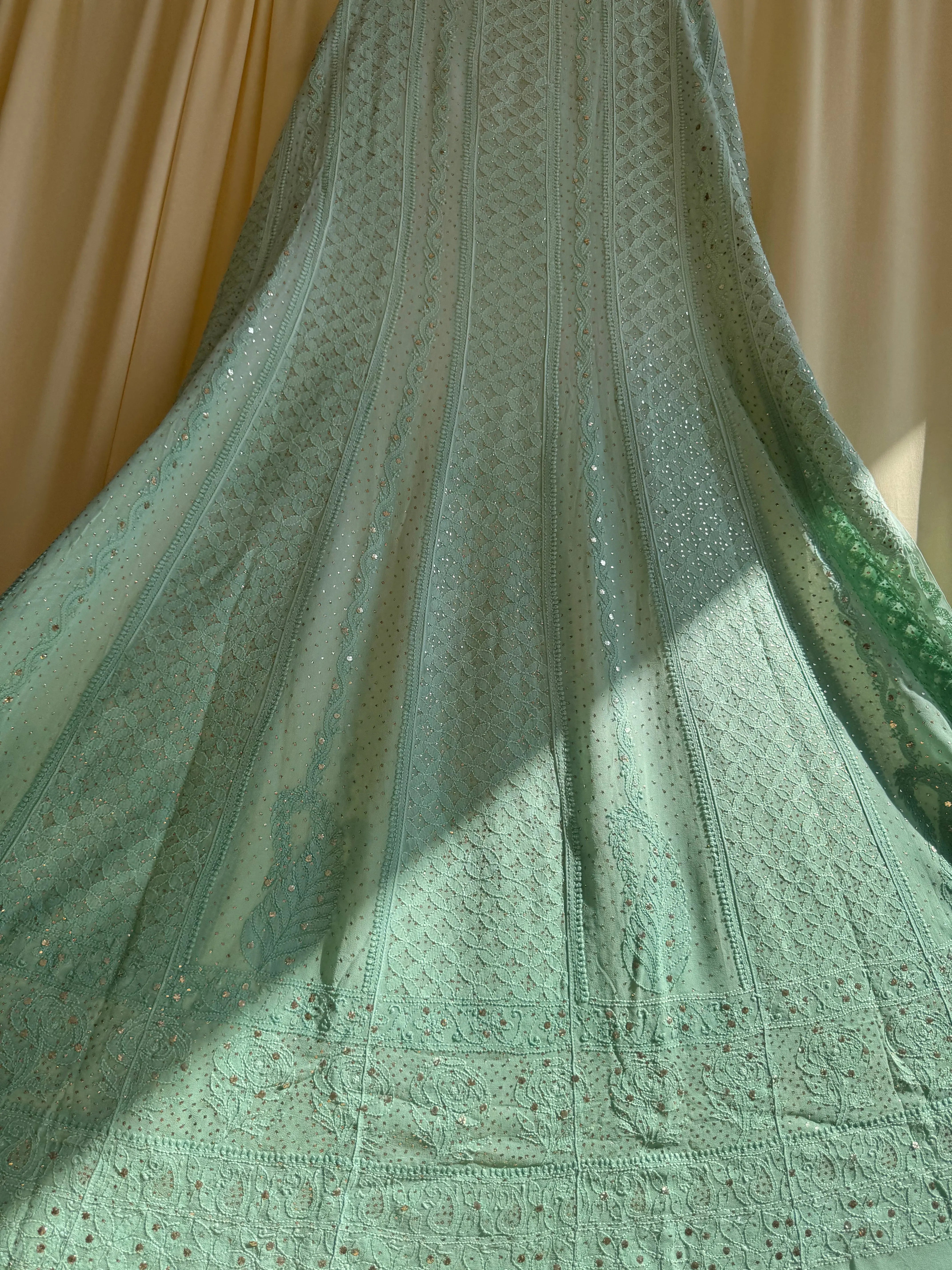 Viscose Anarkali - Semi Stitched - Green Ombre Mukaish ARIAA CHIKANKARI