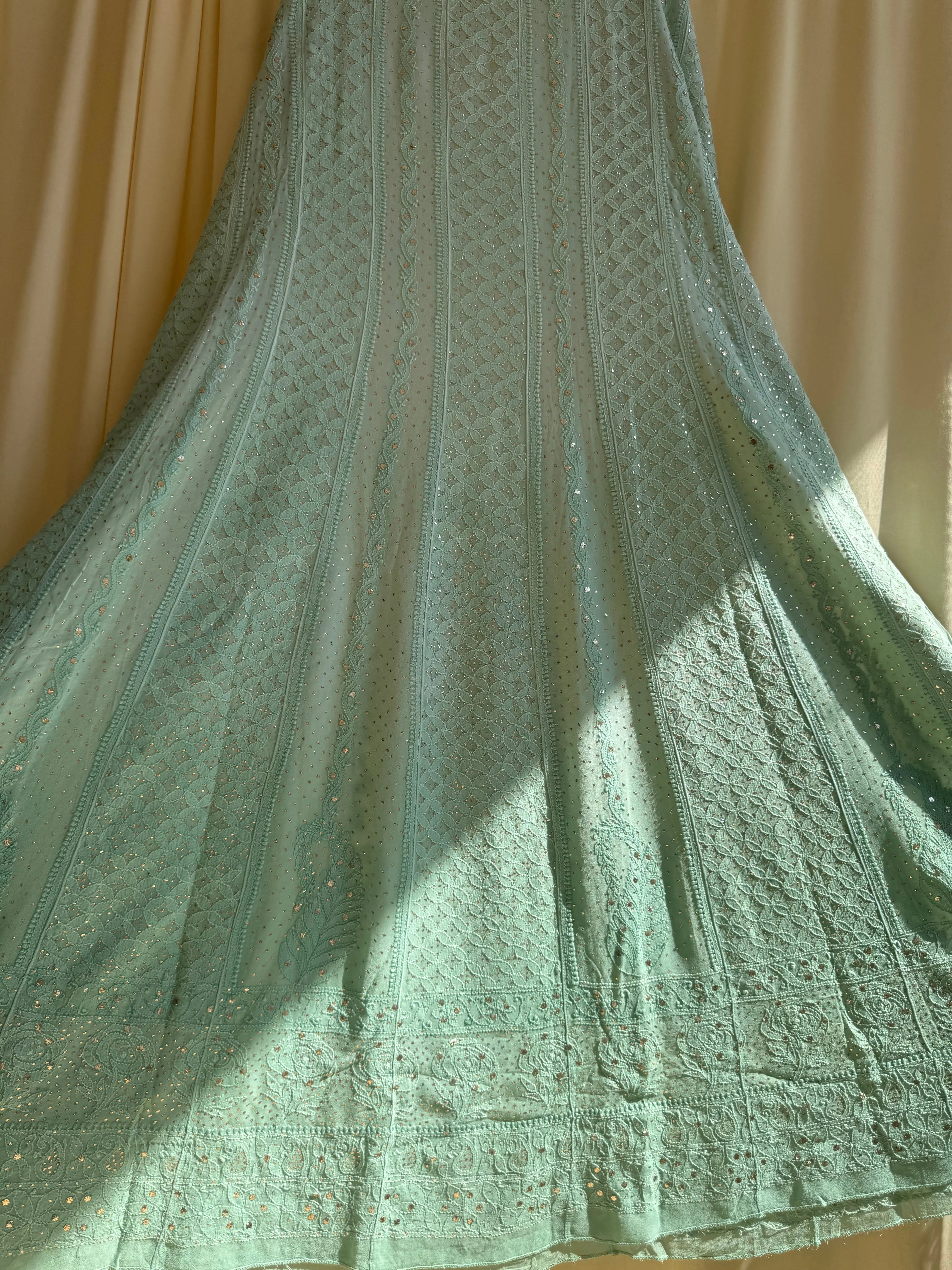 Viscose Anarkali - Semi Stitched - Green Ombre Mukaish ARIAA CHIKANKARI