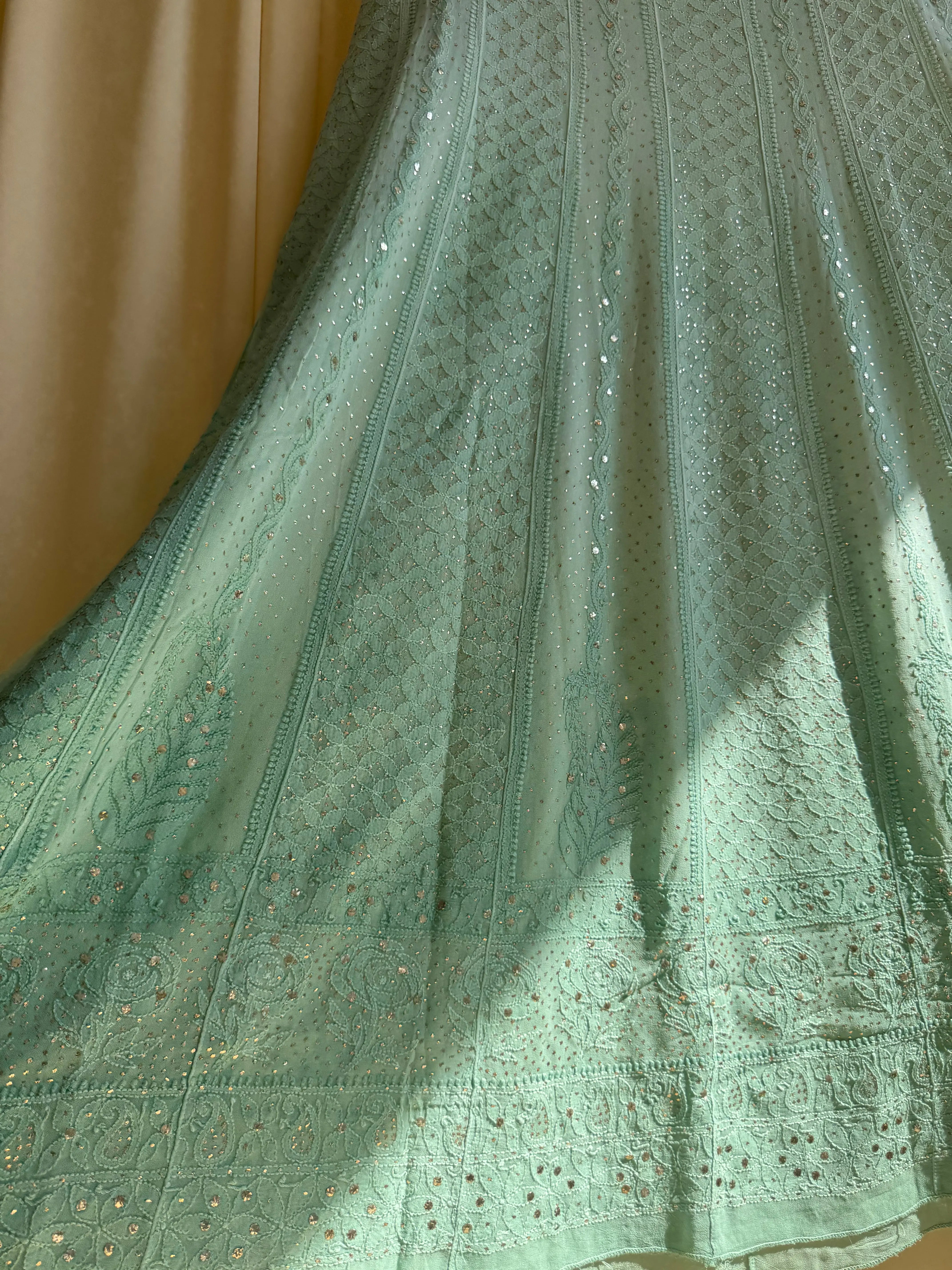 Viscose Anarkali - Semi Stitched - Green Ombre Mukaish ARIAA CHIKANKARI