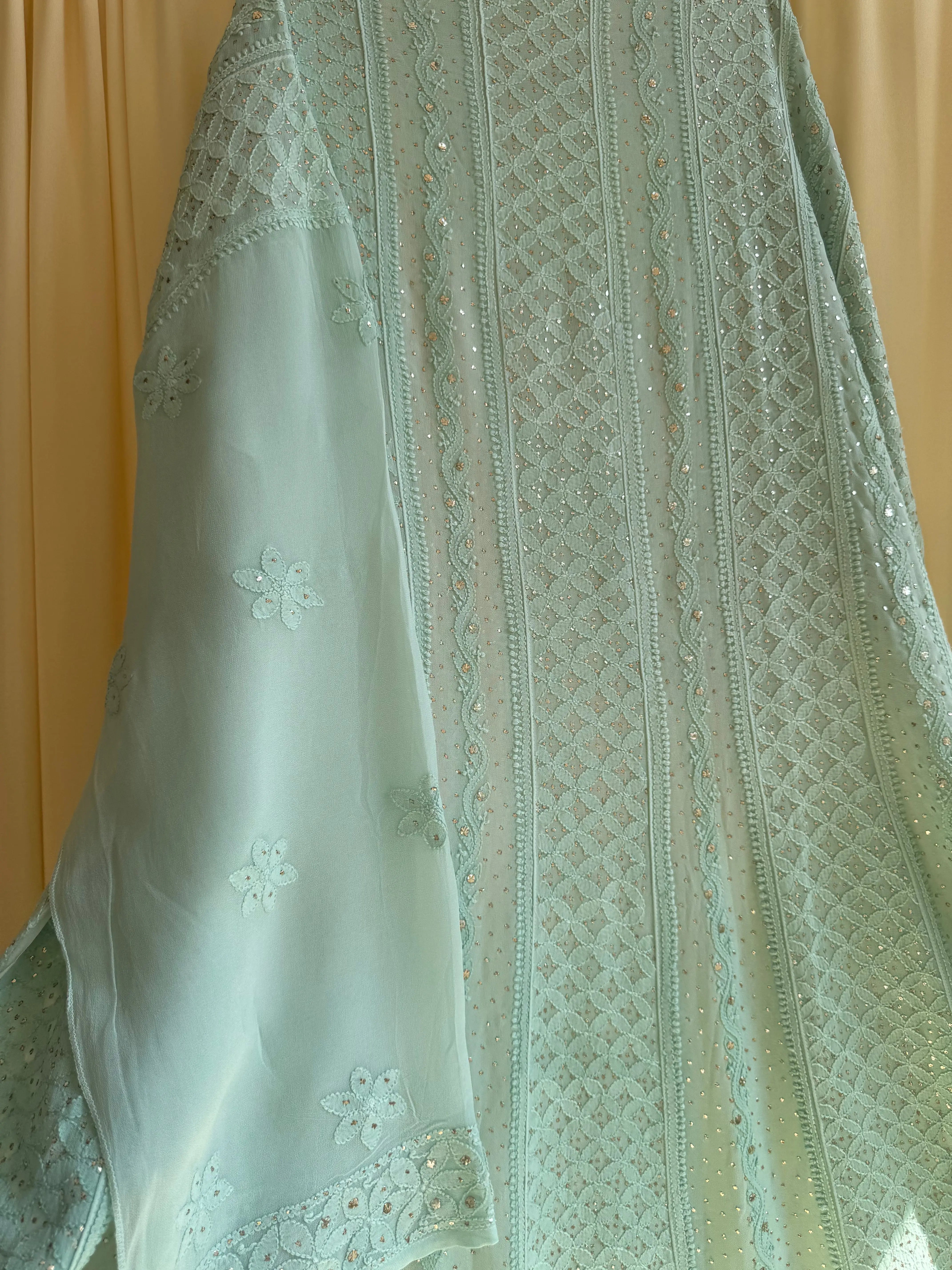Viscose Anarkali - Semi Stitched - Green Ombre Mukaish ARIAA CHIKANKARI