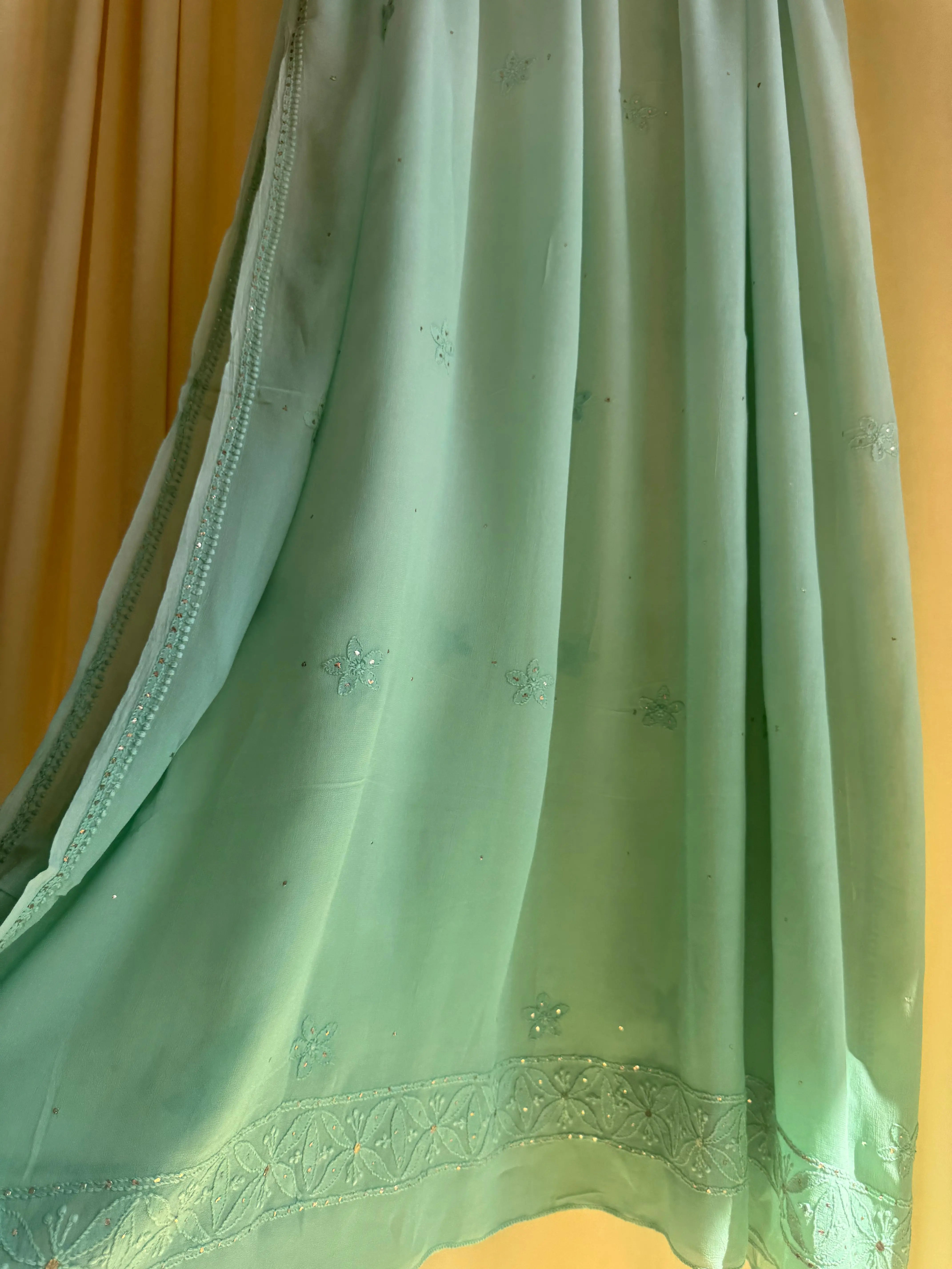Viscose Anarkali - Semi Stitched - Green Ombre Mukaish ARIAA CHIKANKARI