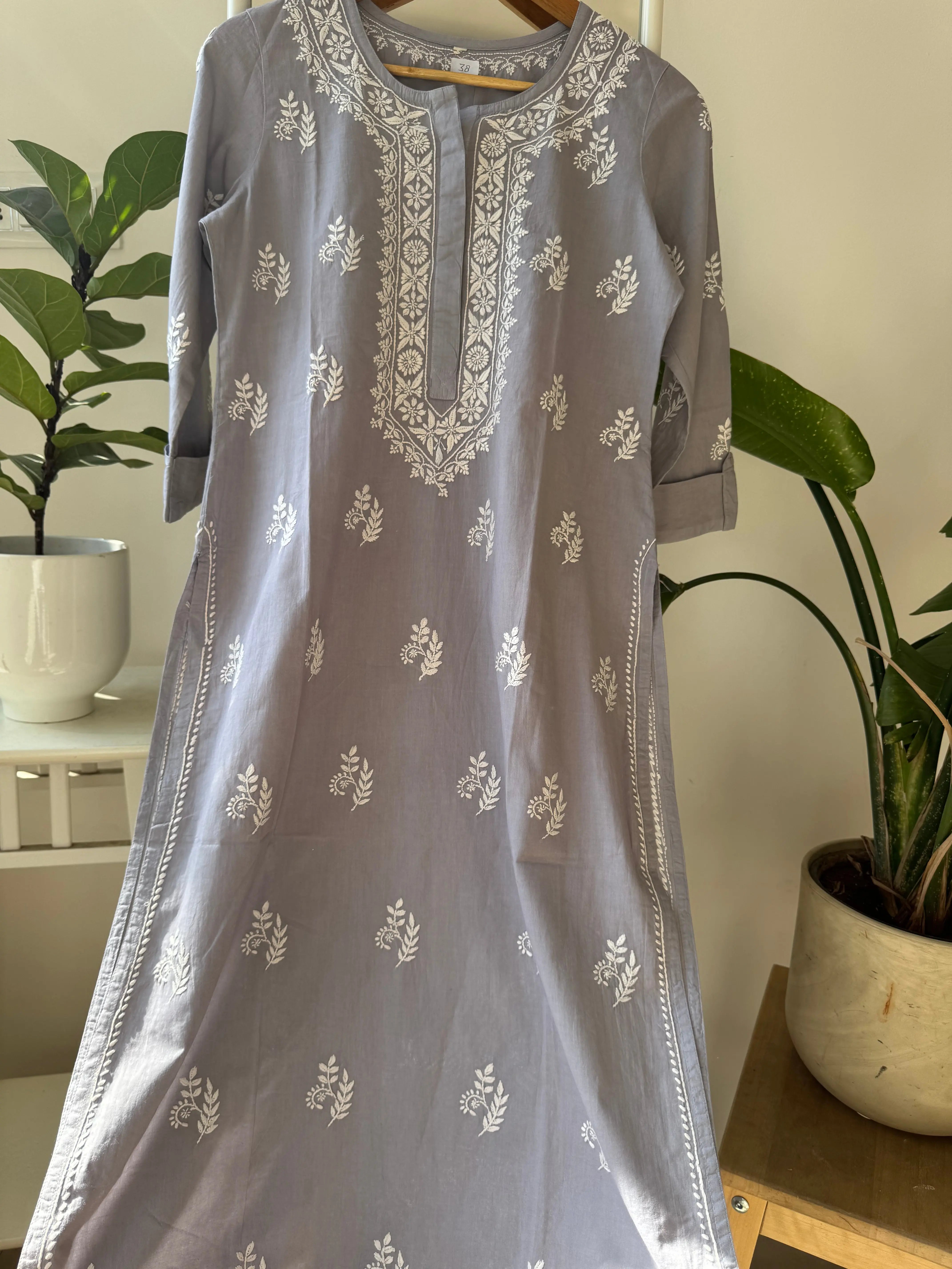 Mul Cotton Chikankari Kurti - Grey ARIAA CHIKANKARI