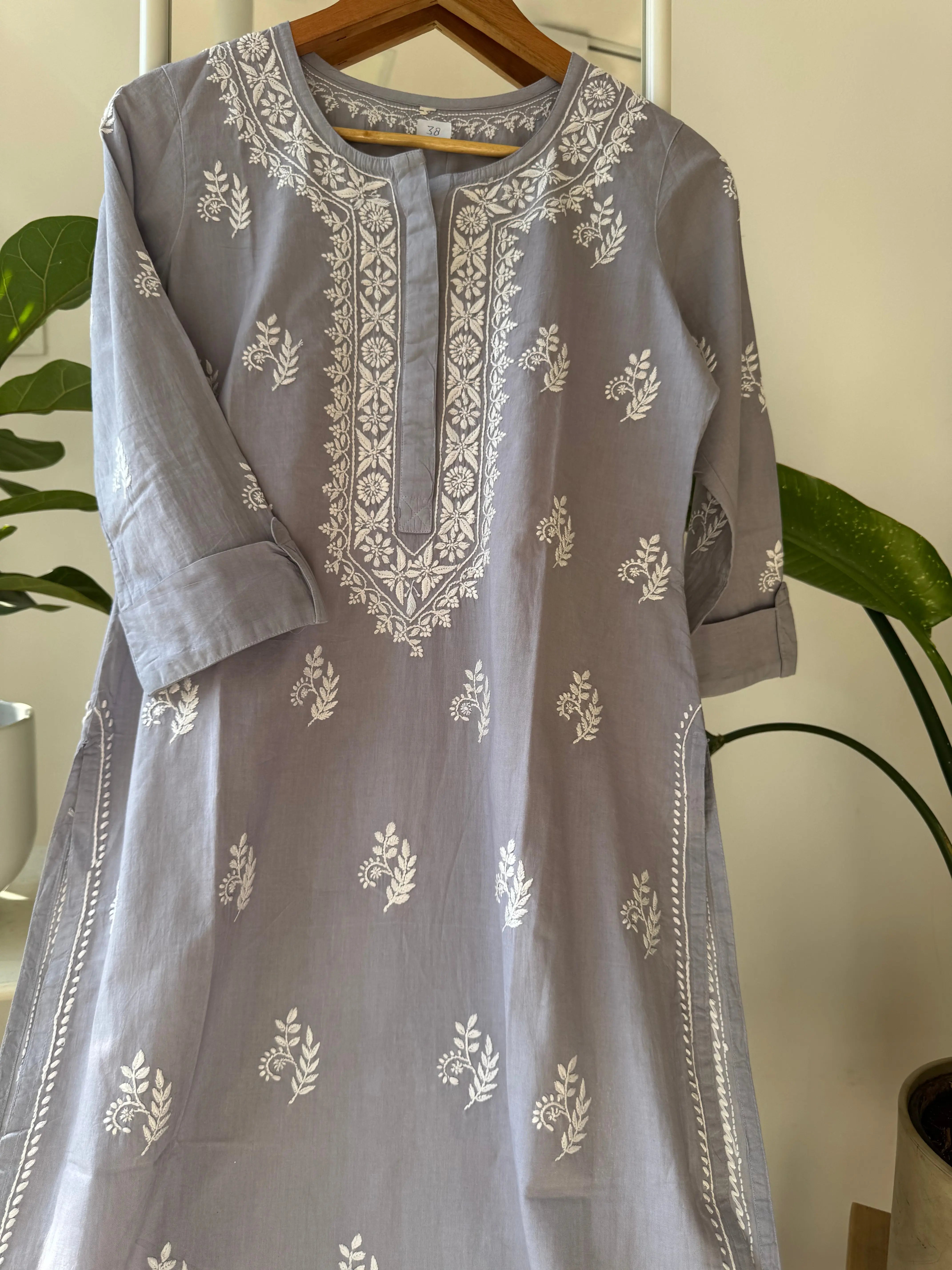 Mul Cotton Chikankari Kurti - Grey ARIAA CHIKANKARI