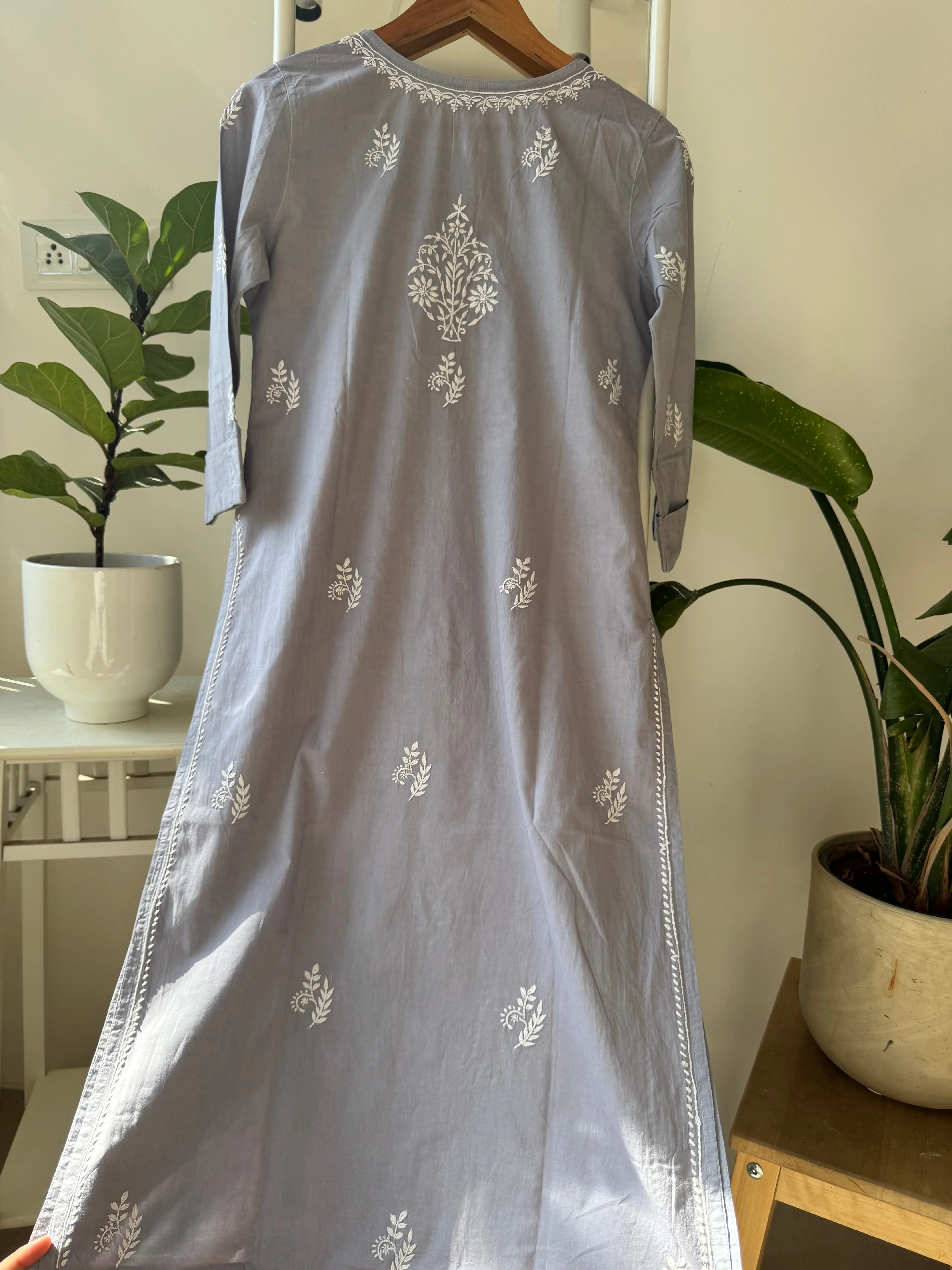 Mul Cotton Chikankari Kurti - Grey ARIAA CHIKANKARI
