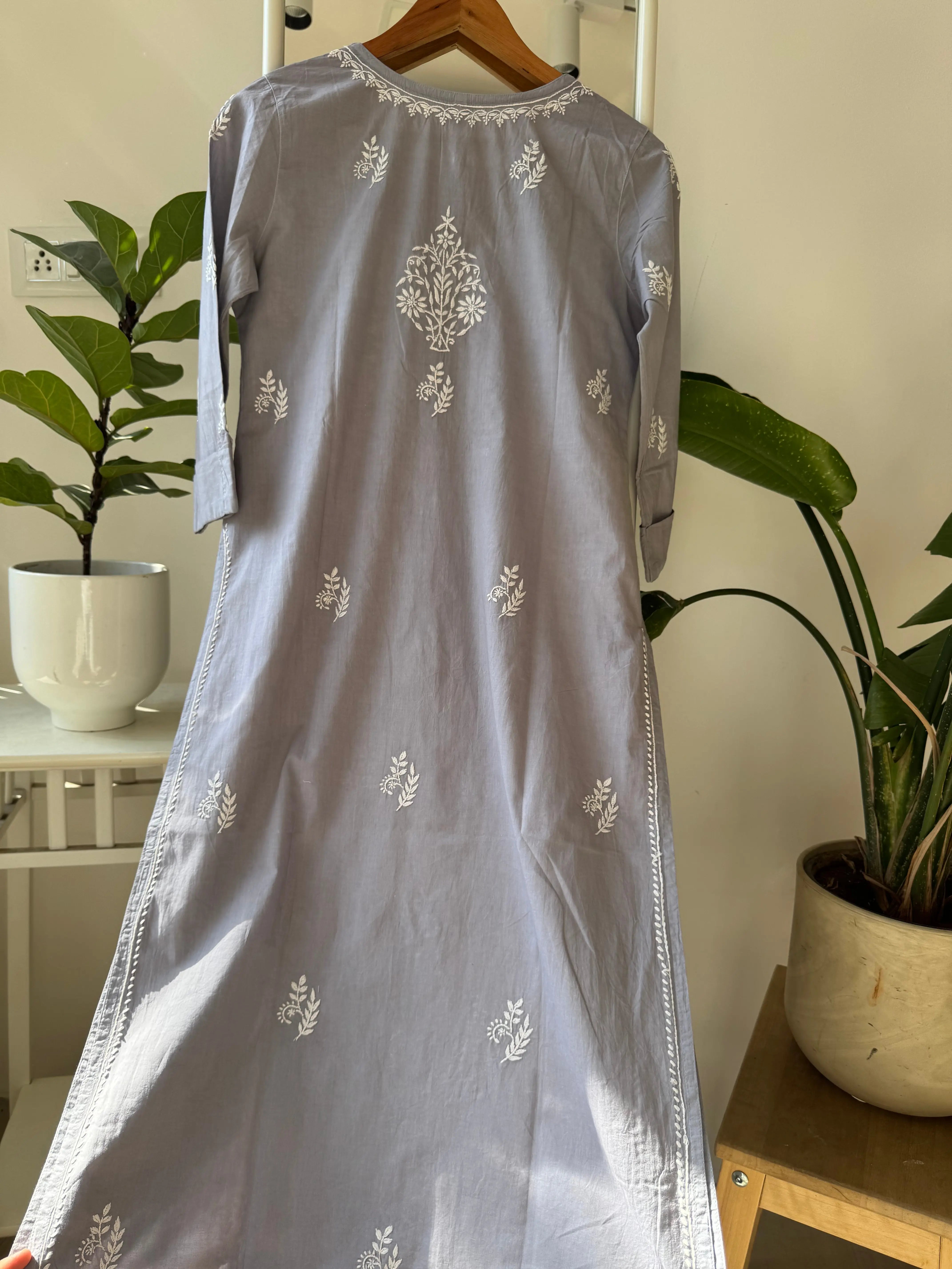 Mul Cotton Chikankari Kurti - Grey ARIAA CHIKANKARI