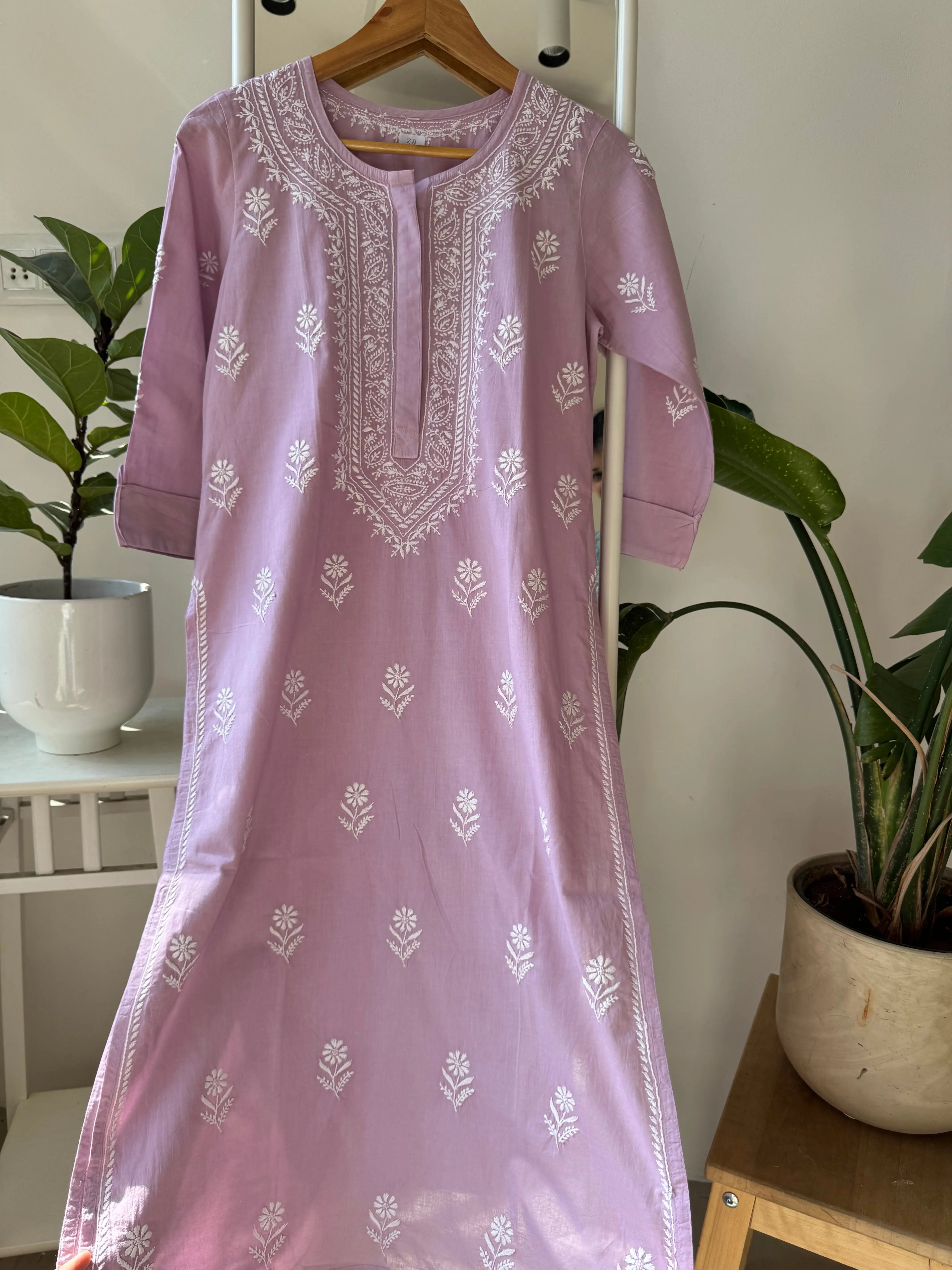 Mul Cotton Chikankari Kurti - Lavander ARIAA CHIKANKARI