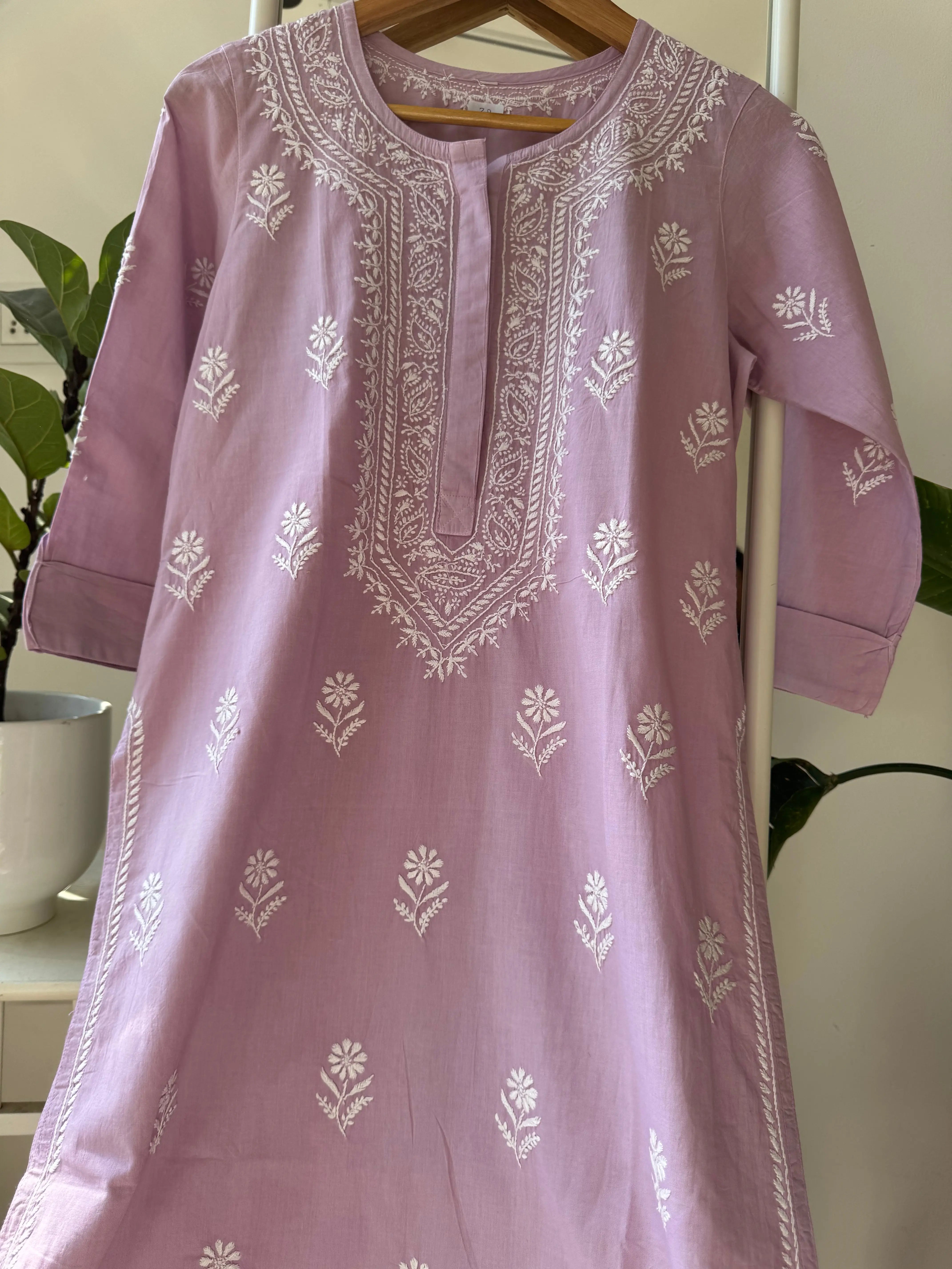 Mul Cotton Chikankari Kurti - Lavander ARIAA CHIKANKARI