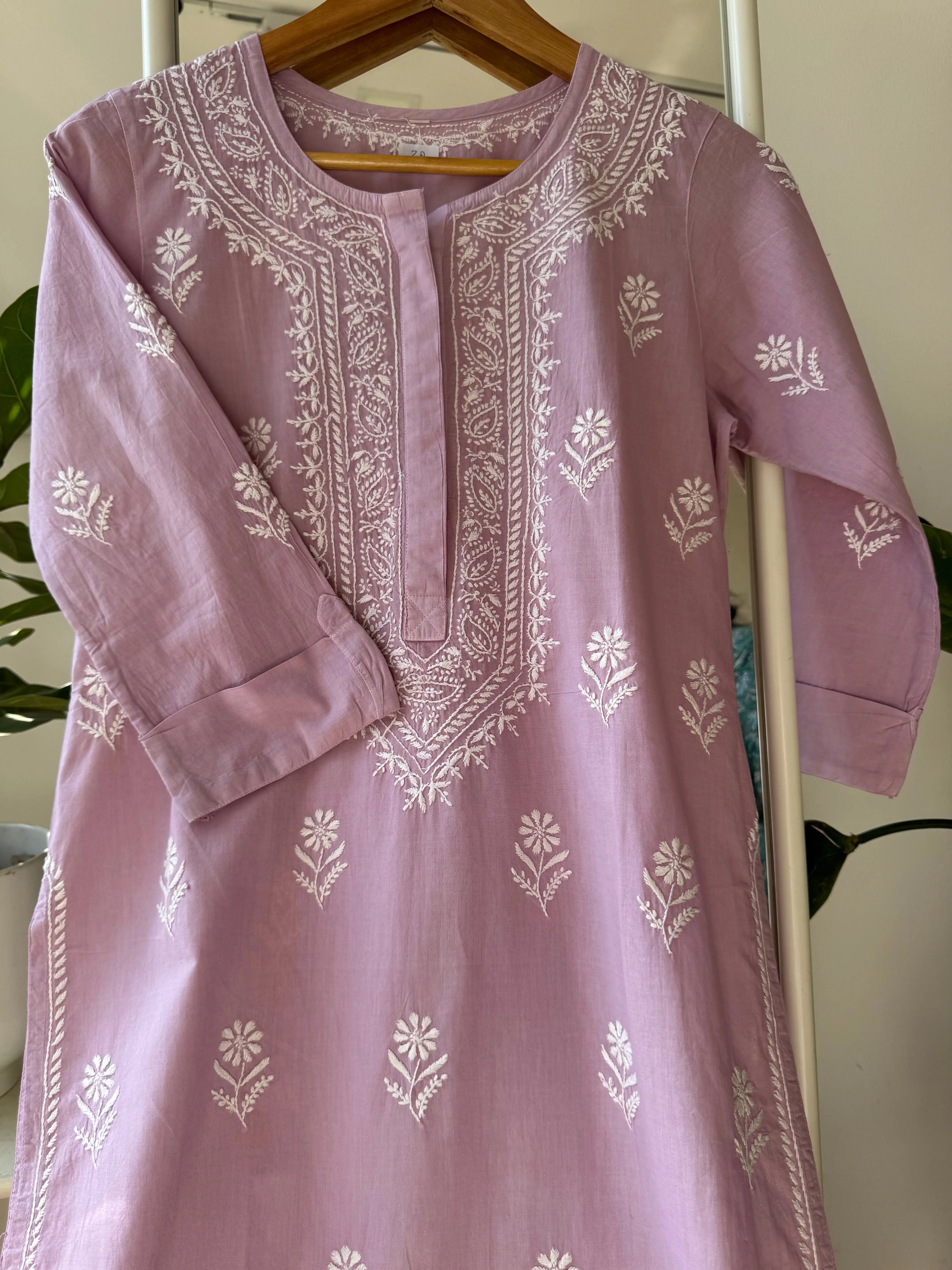 Mul Cotton Chikankari Kurti - Lavander ARIAA CHIKANKARI