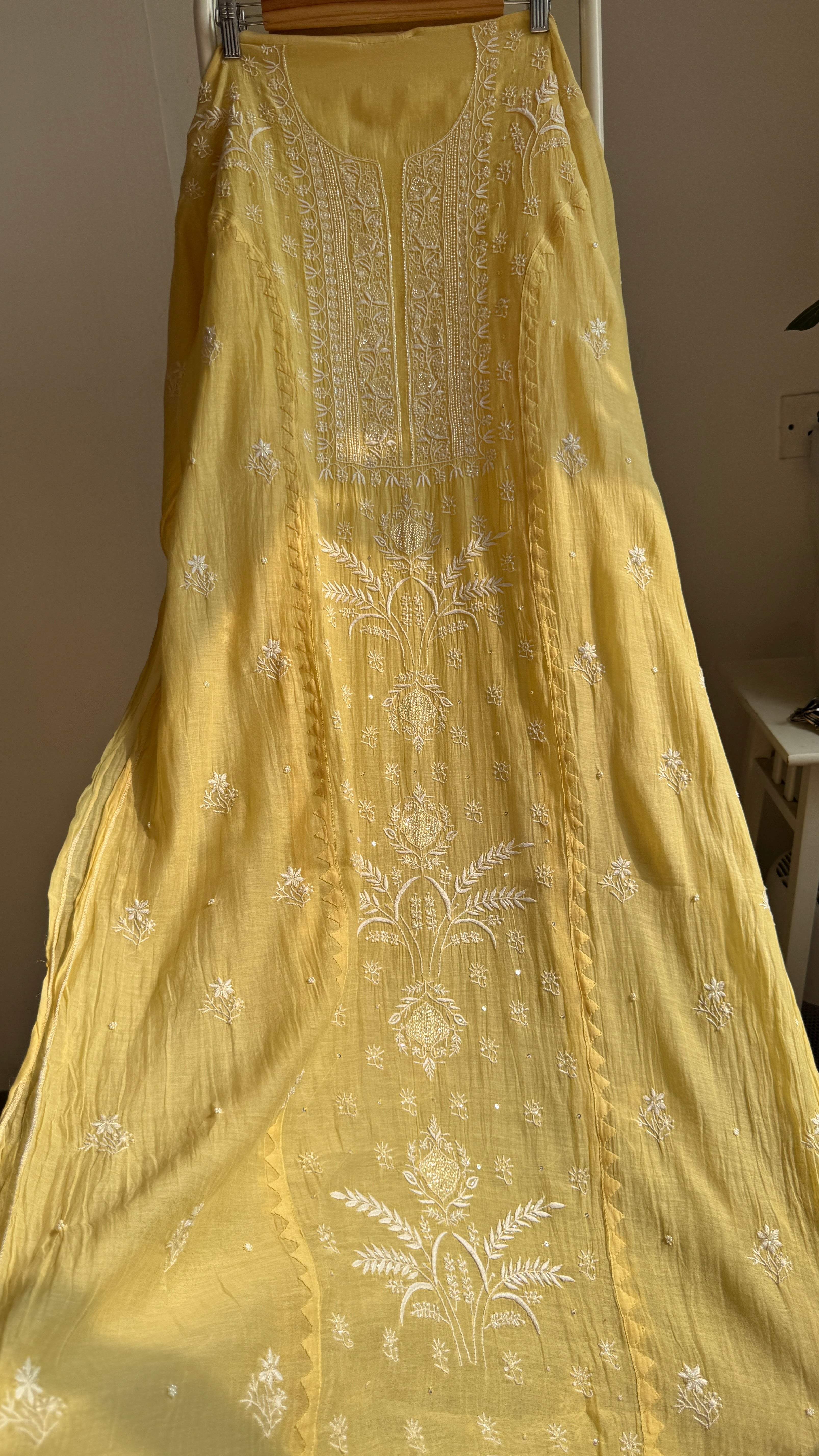 Mul Chanderi Chikankari Anarkali - Yellow