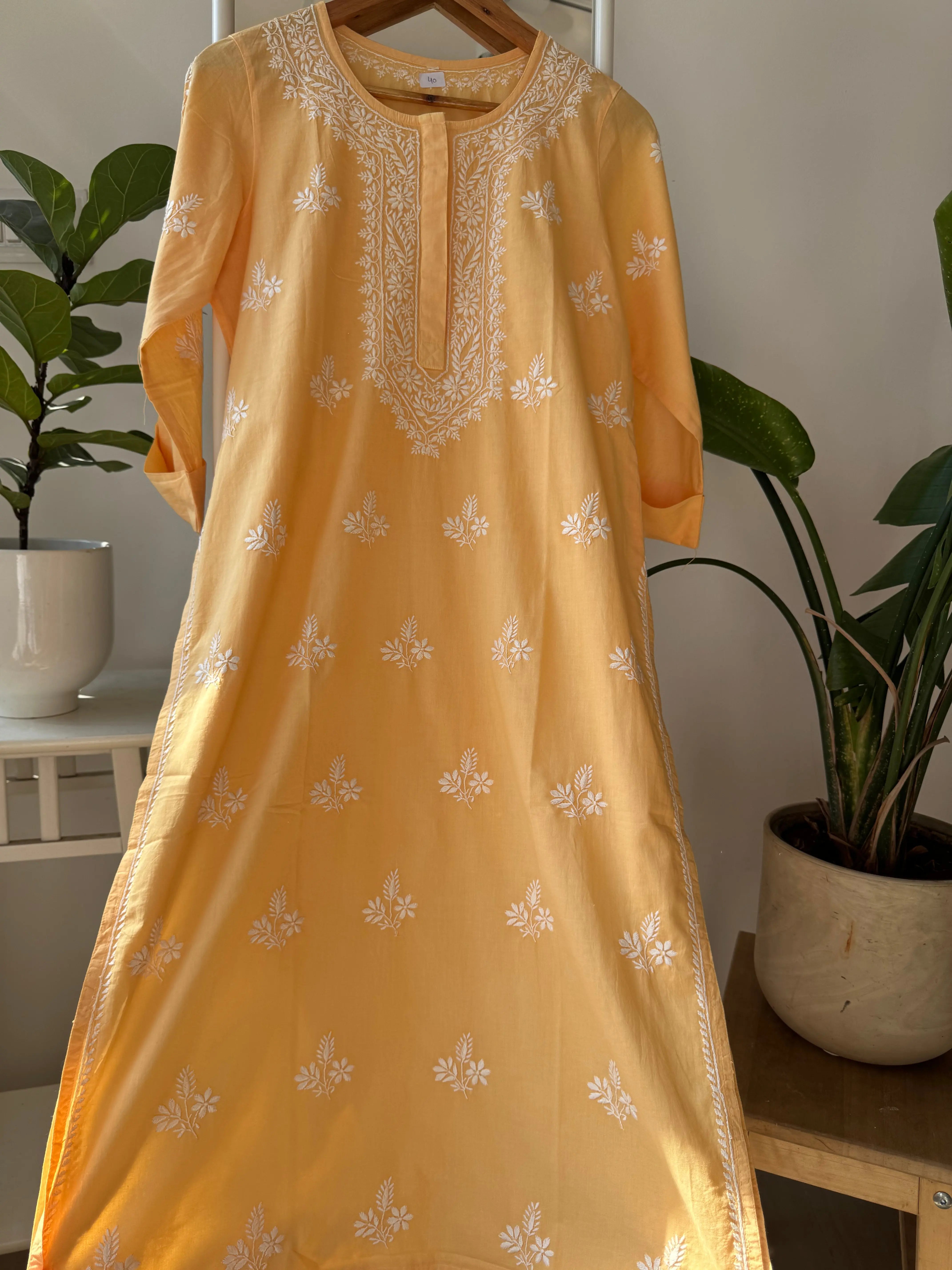 Mul Cotton Chikankari Kurti - Yellow ARIAA CHIKANKARI