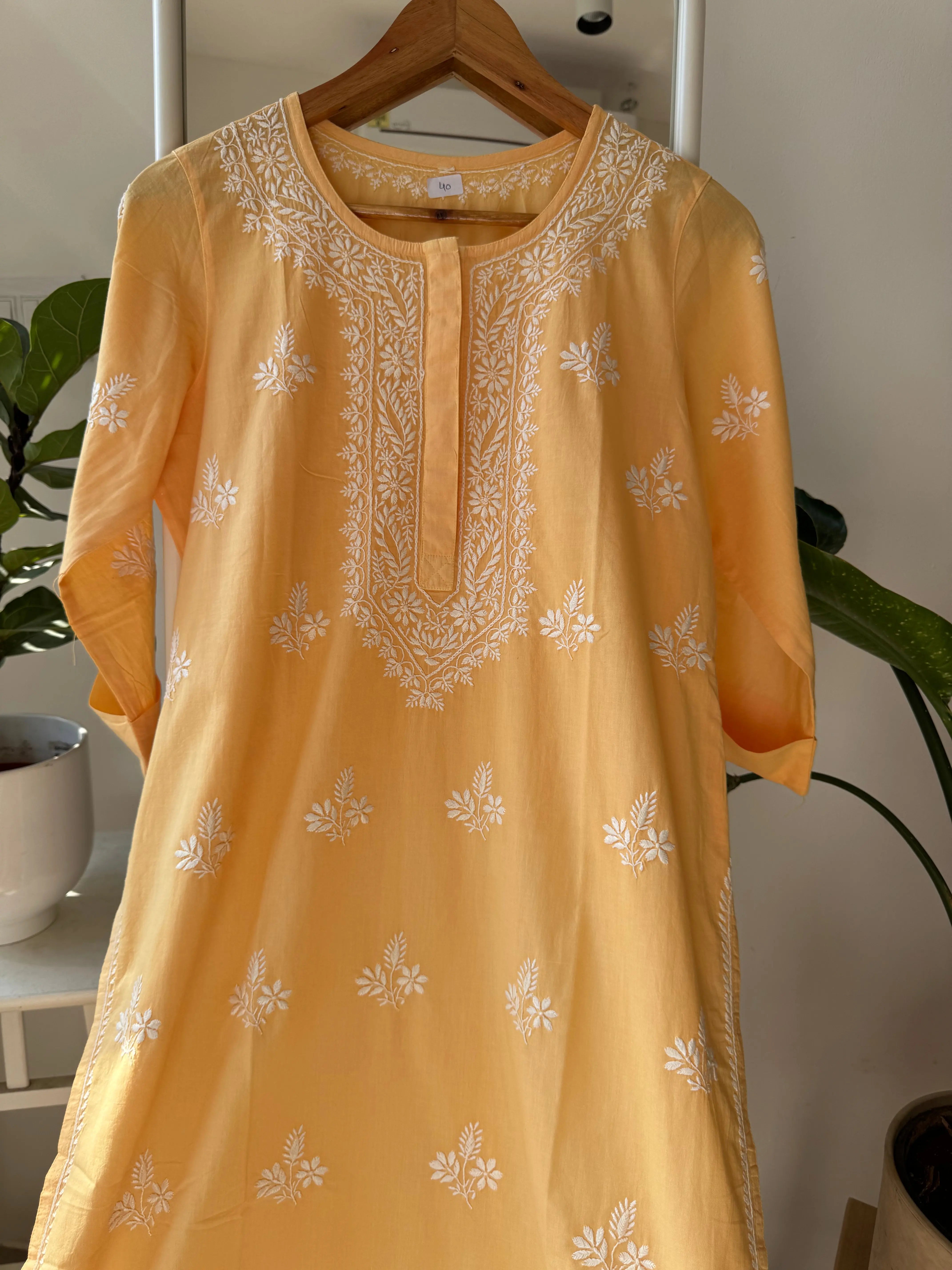 Mul Cotton Chikankari Kurti - Yellow ARIAA CHIKANKARI