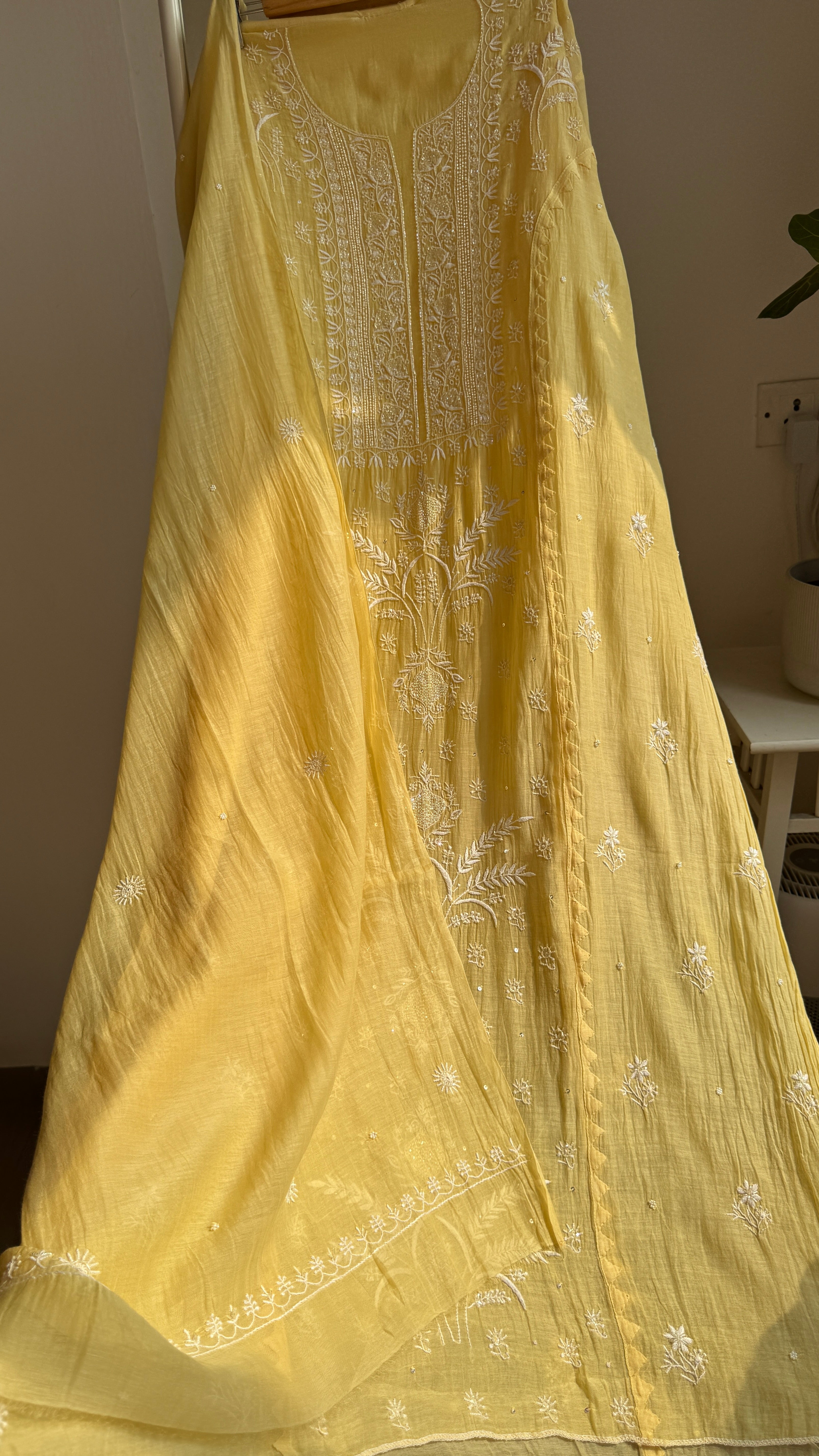 Mul Chanderi Chikankari Anarkali - Yellow