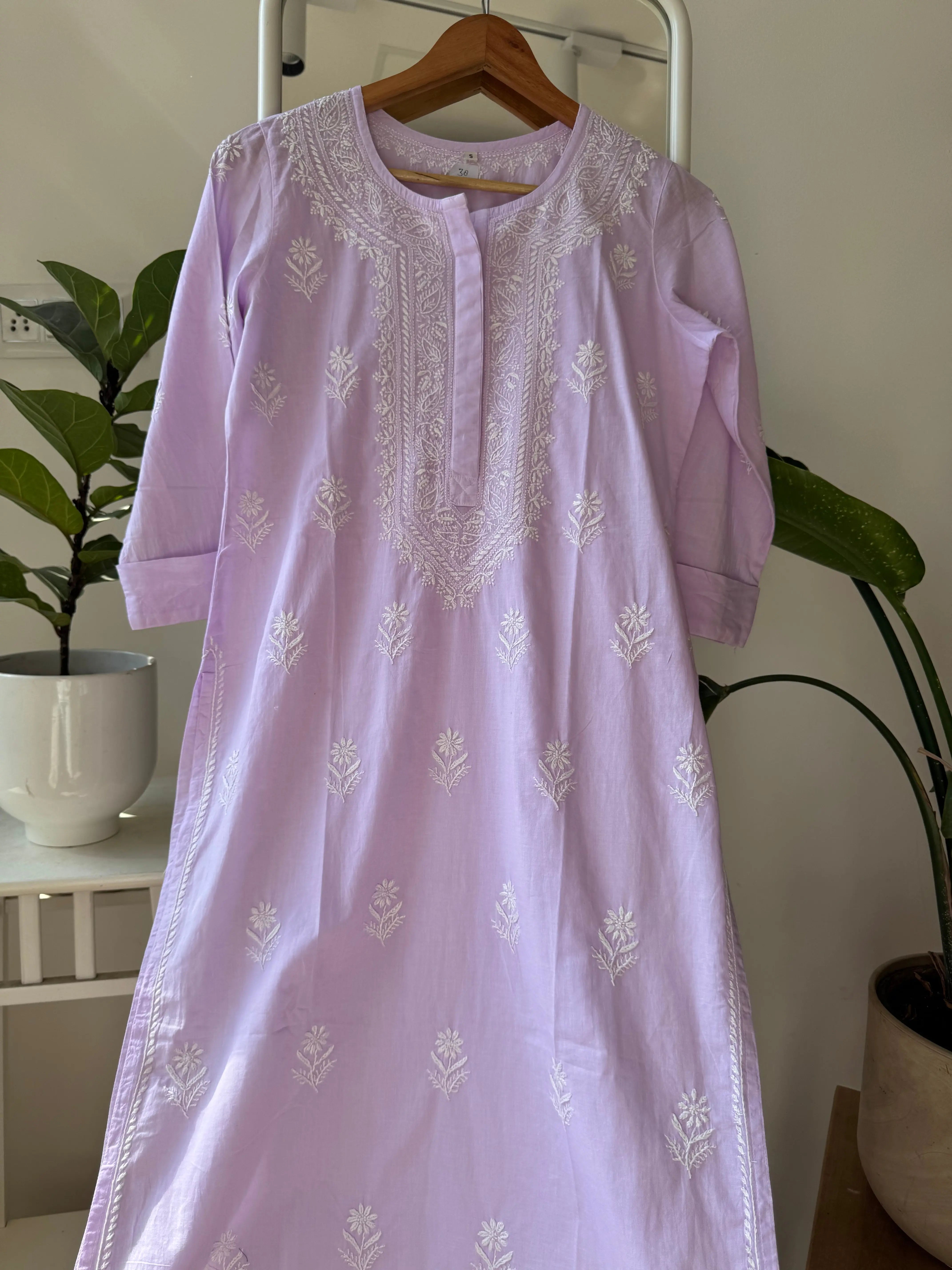 Mul Cotton Chikankari Kurti - Lilac ARIAA CHIKANKARI
