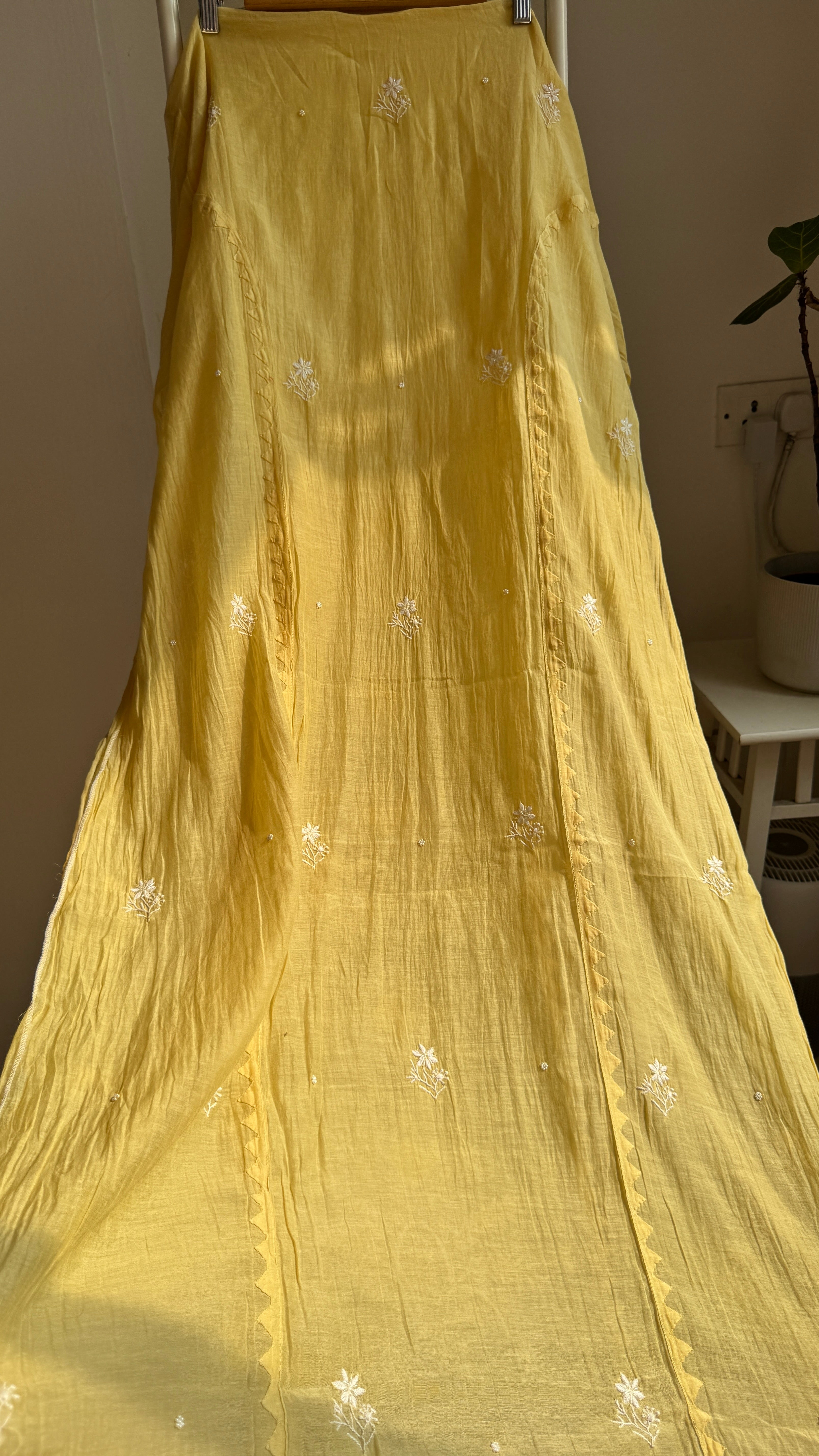 Mul Chanderi Chikankari Anarkali - Yellow