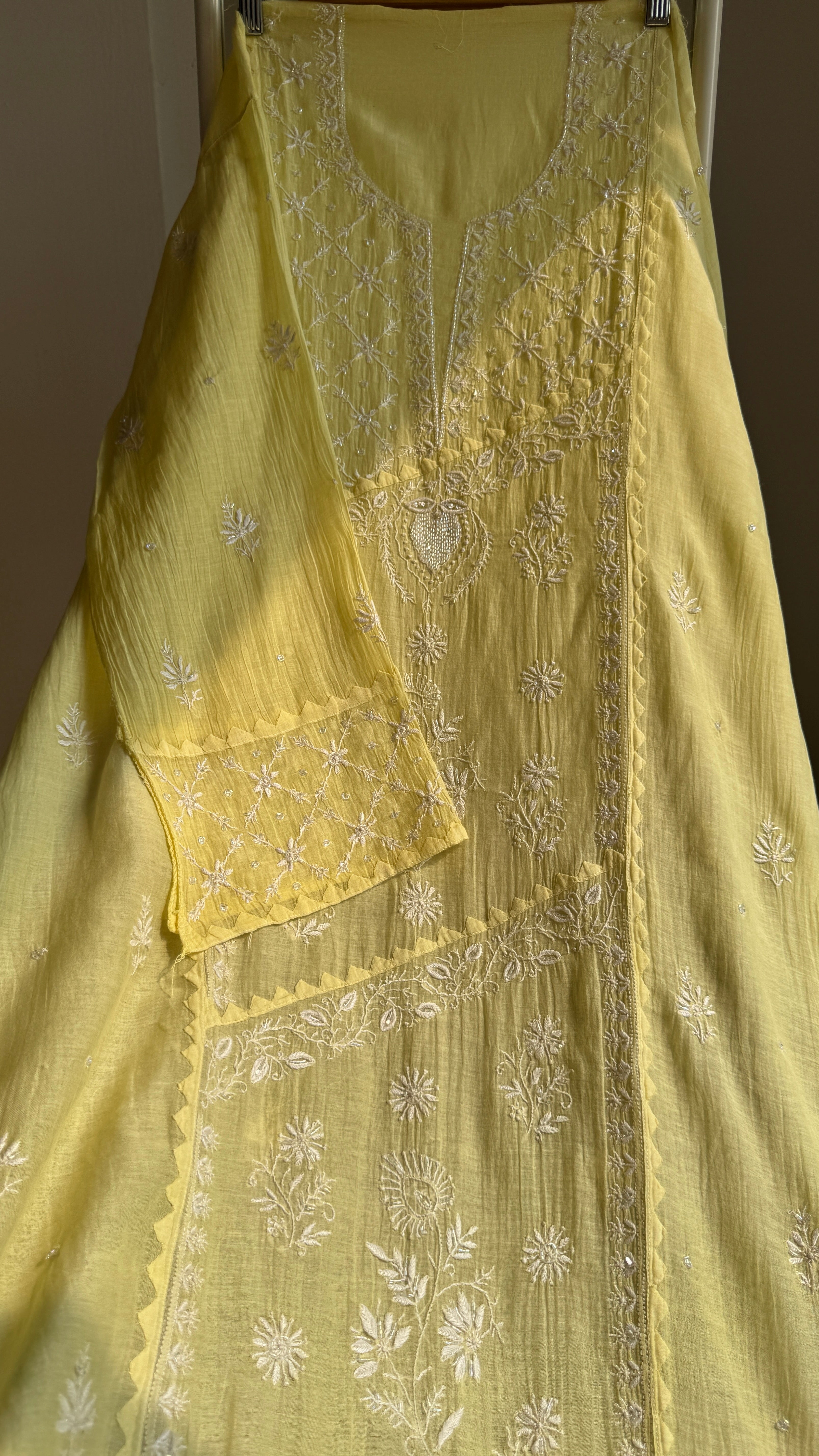 Mul Chanderi Chikankari Anarkali - Yellow