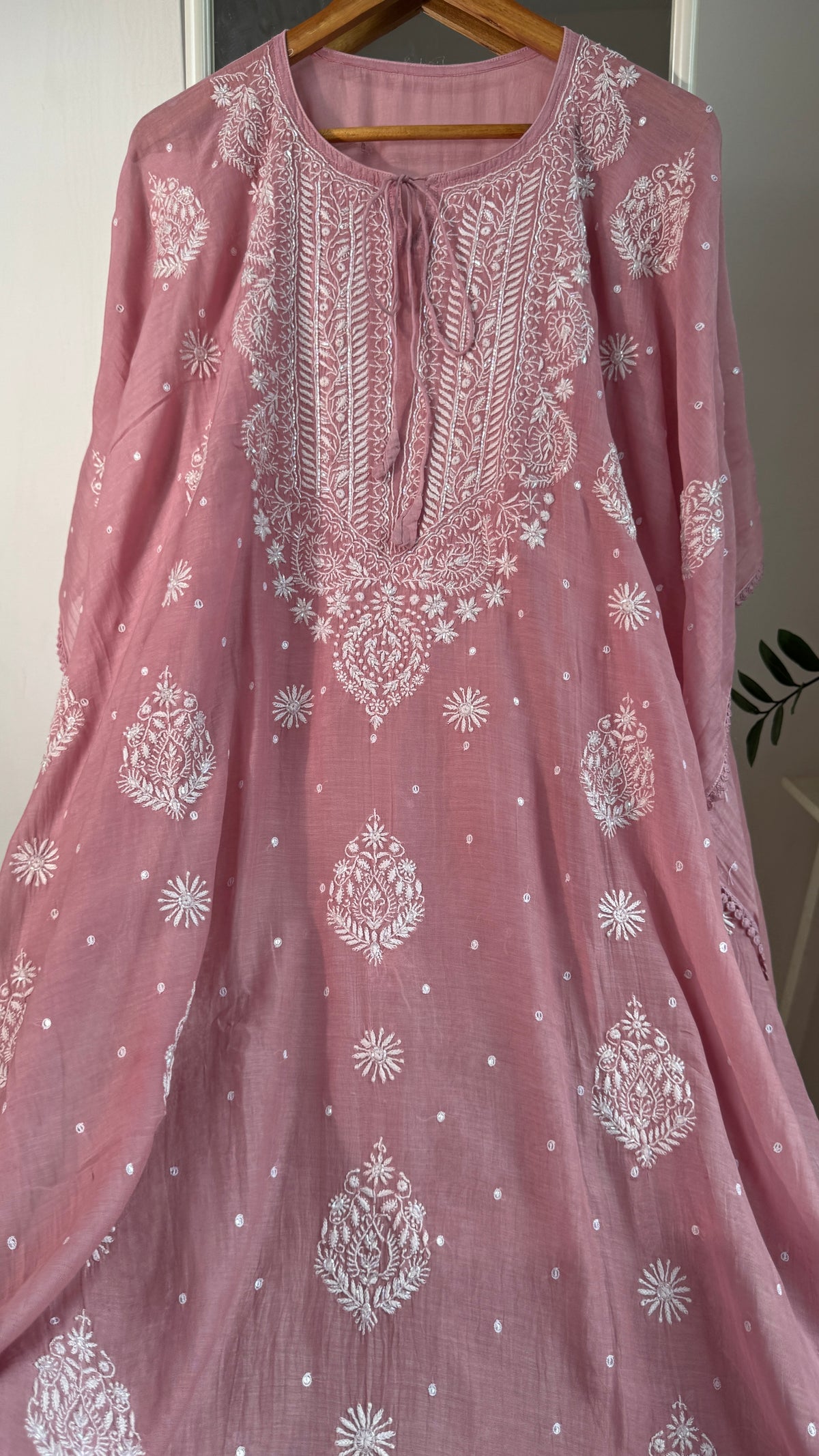 Mul Chanderi Chikankari Kaftan - Rosewood