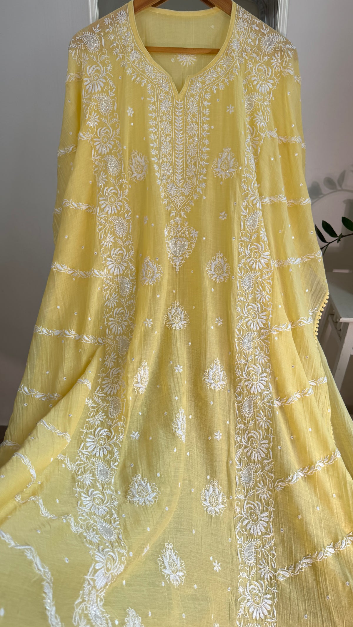 Mul Chanderi Chikankari Kaftan - Yellow